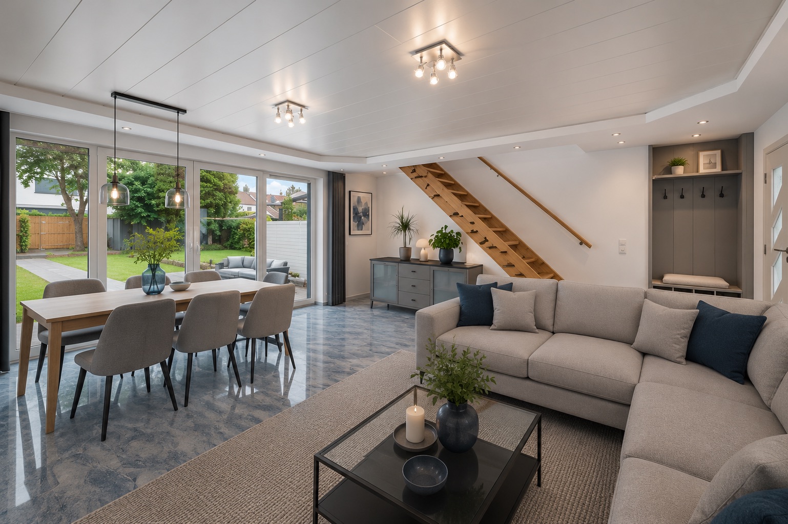 Modernes Wohnzimmer mit grauem Sofa, Esstisch und Blick in den Garten, Holztreppe im Hintergrund.