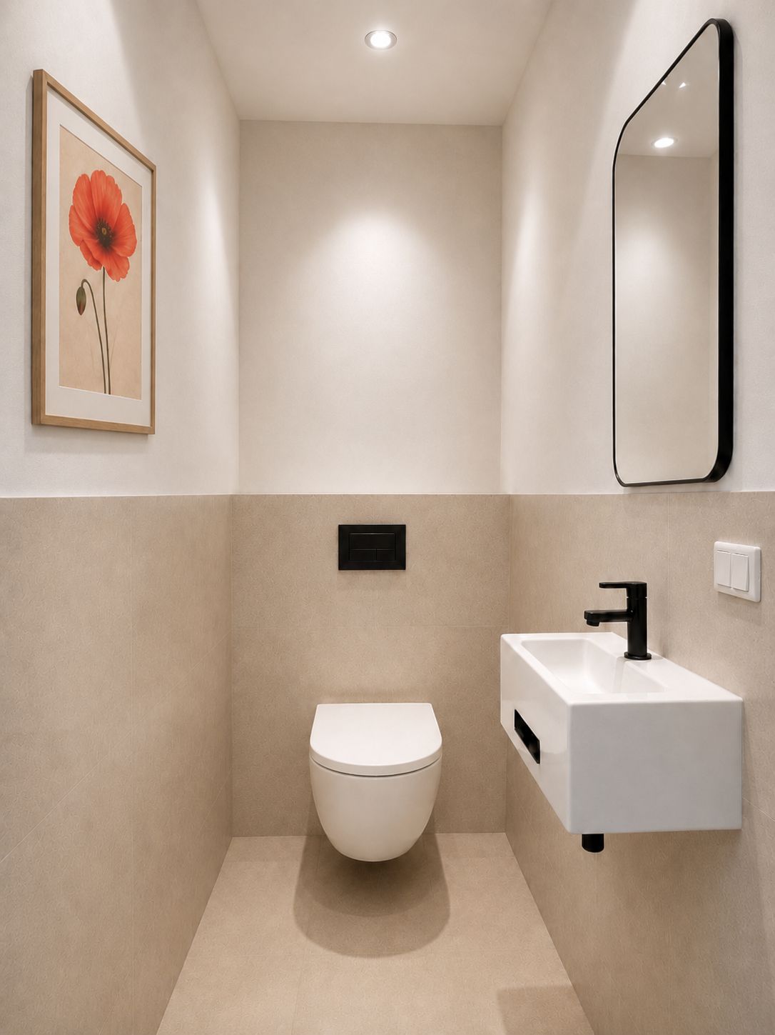 Modernes, schmales Badezimmer mit WC, kleinem Waschbecken, Spiegel und Blumenbild an der Wand.
