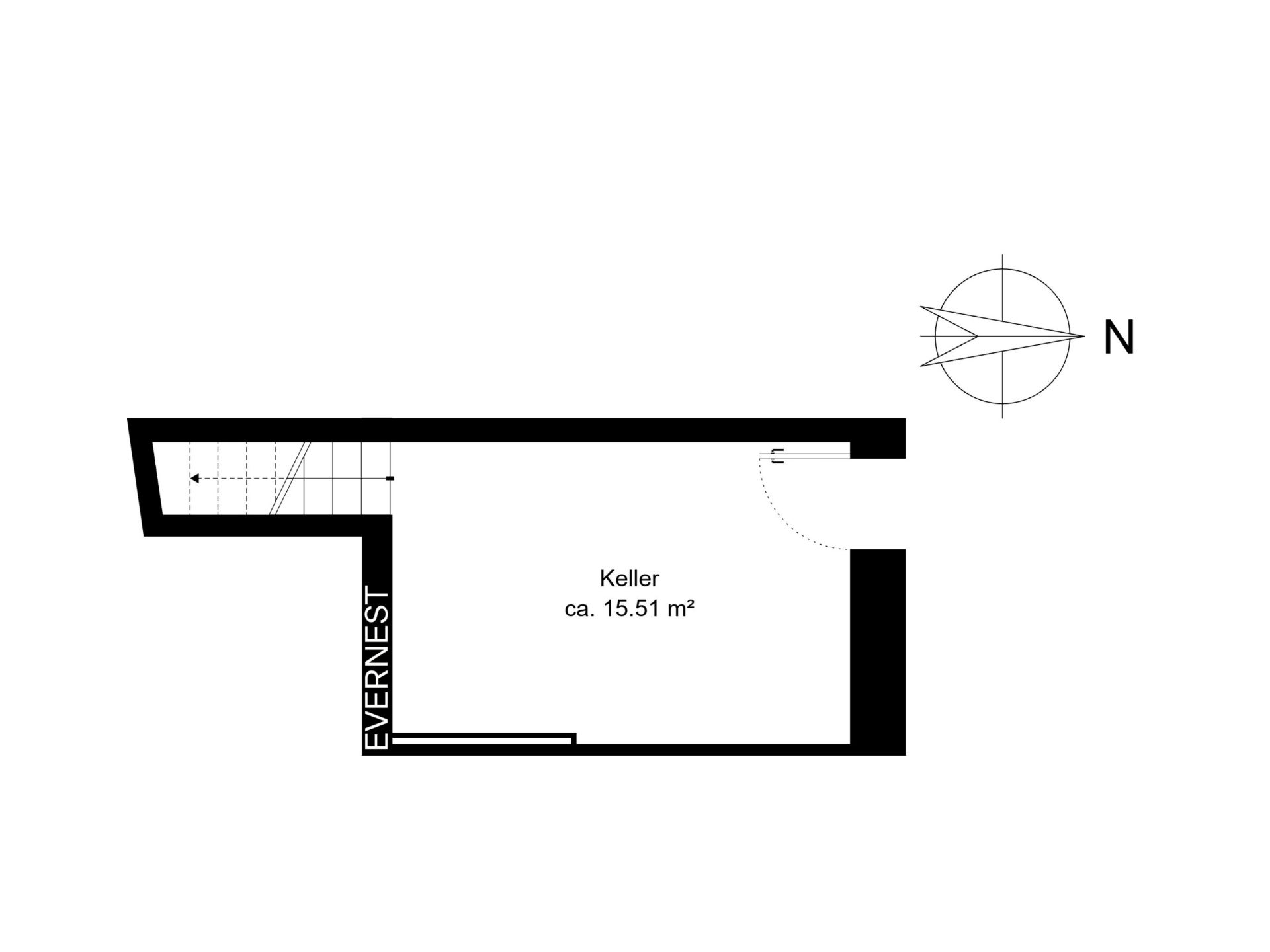 Grundriss eines Kellers mit ca. 15,51 Quadratmetern Fläche und Treppenaufgang.