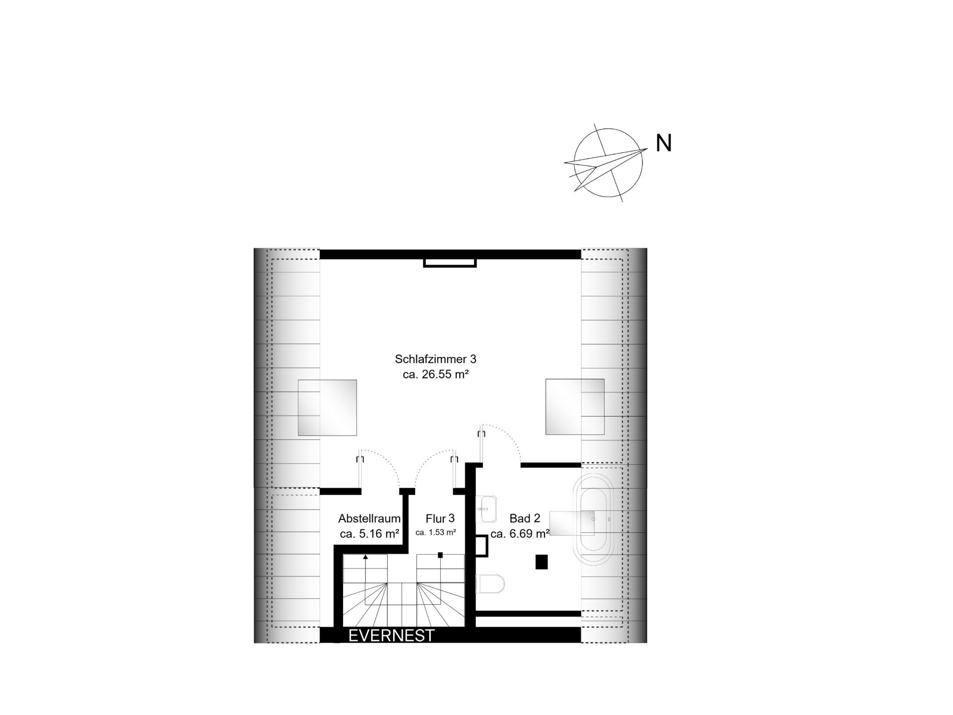 Grundriss mit Schlafzimmer, Bad, Abstellraum, Flur und Treppe, mit Himmelsrichtung Norden.