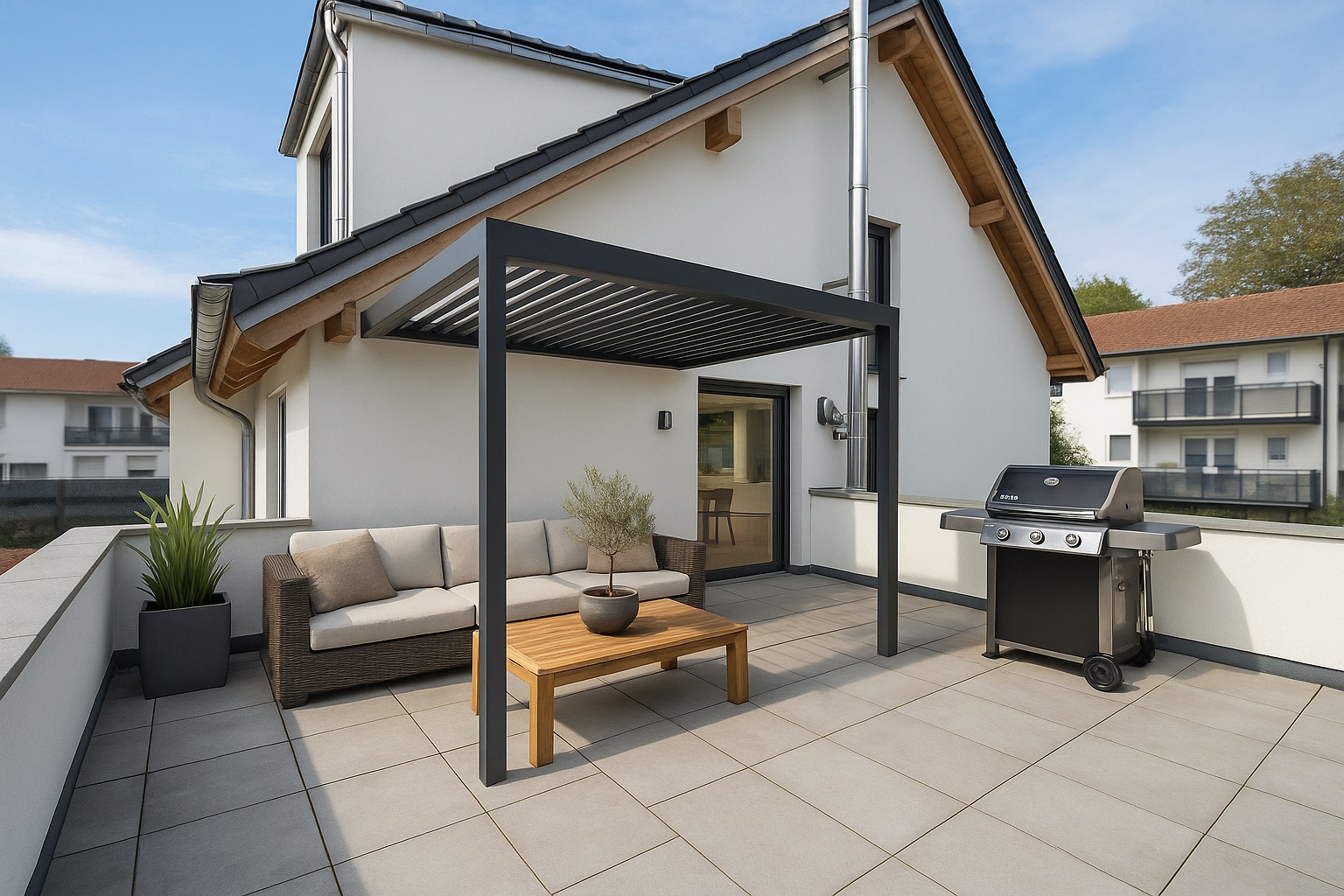 Große Terrasse mit Sofa, Tisch, Grill und Überdachung an einem Wohnhaus.