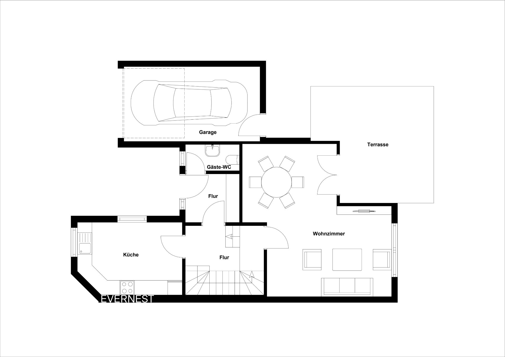 Grundriss mit Garage, Küche, Wohnzimmer, Gäste-WC und Terrasse.