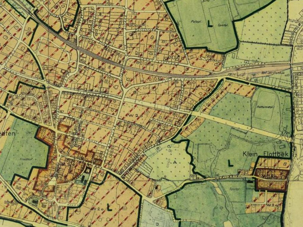 Historische Karte mit Straßen, Feldern und markierten Wohngebäuden, deutlich lesbare Ortsnamen.
