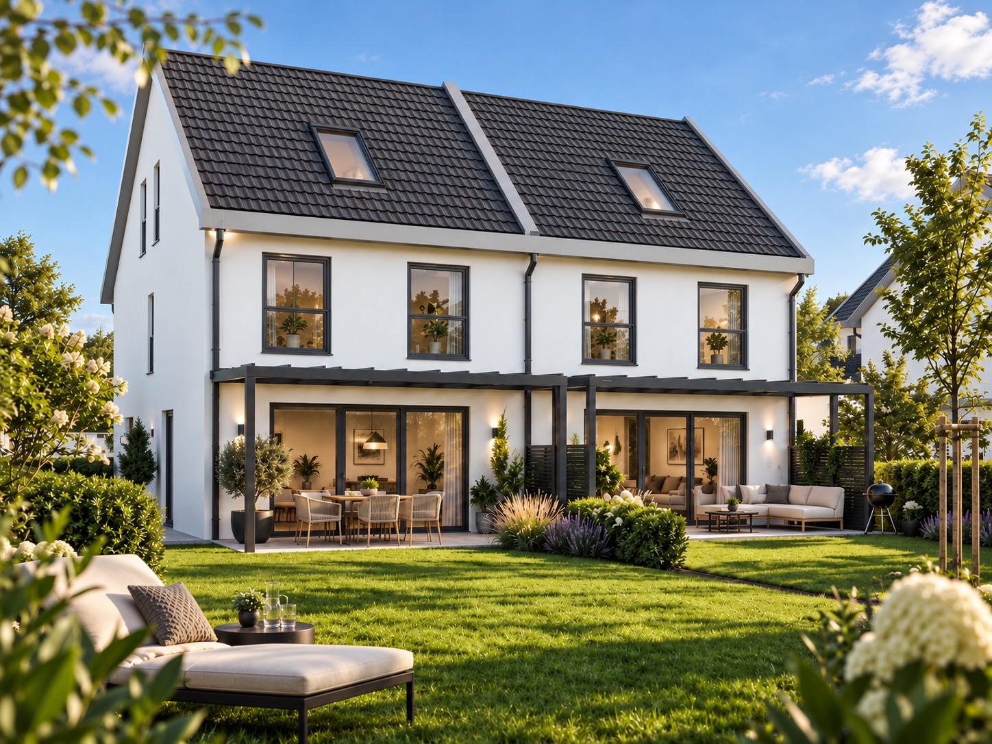 Modernes Doppelhaus mit großem Garten, Terrasse und Gartenmöbeln bei sonnigem Wetter.