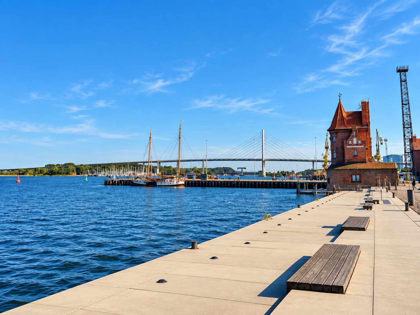 Promenade am Wasser mit Sitzbänken, Segelschiffen und einer Brücke im Hintergrund.
