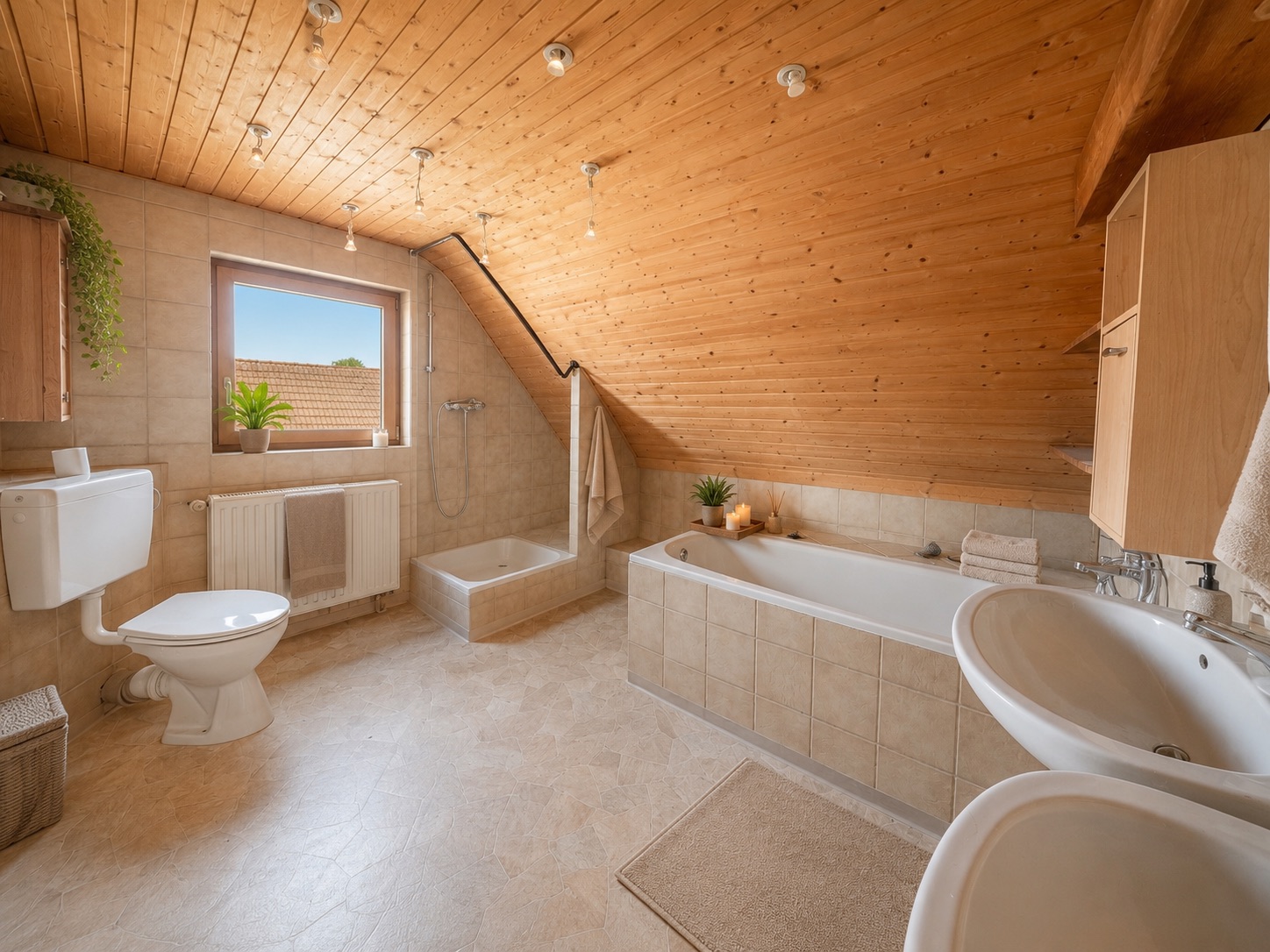 Helles Badezimmer mit Badewanne, Dusche, zwei Waschbecken und WC unter einer Holzdecke.