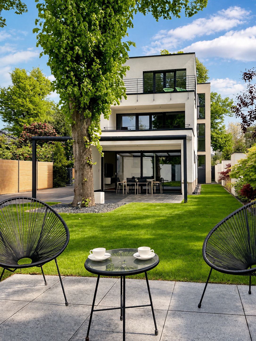 Moderner Wohnhaus-Garten mit zwei Stühlen, Glastisch und zwei Tassen im Vordergrund.