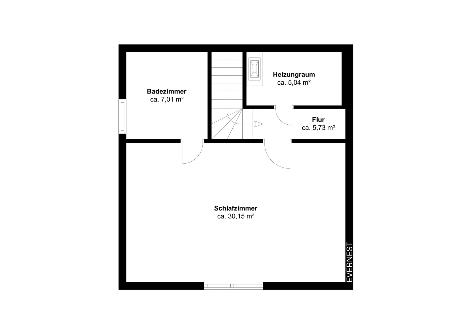 Grundriss mit Schlafzimmer, Badezimmer, Heizungsraum und Flur.