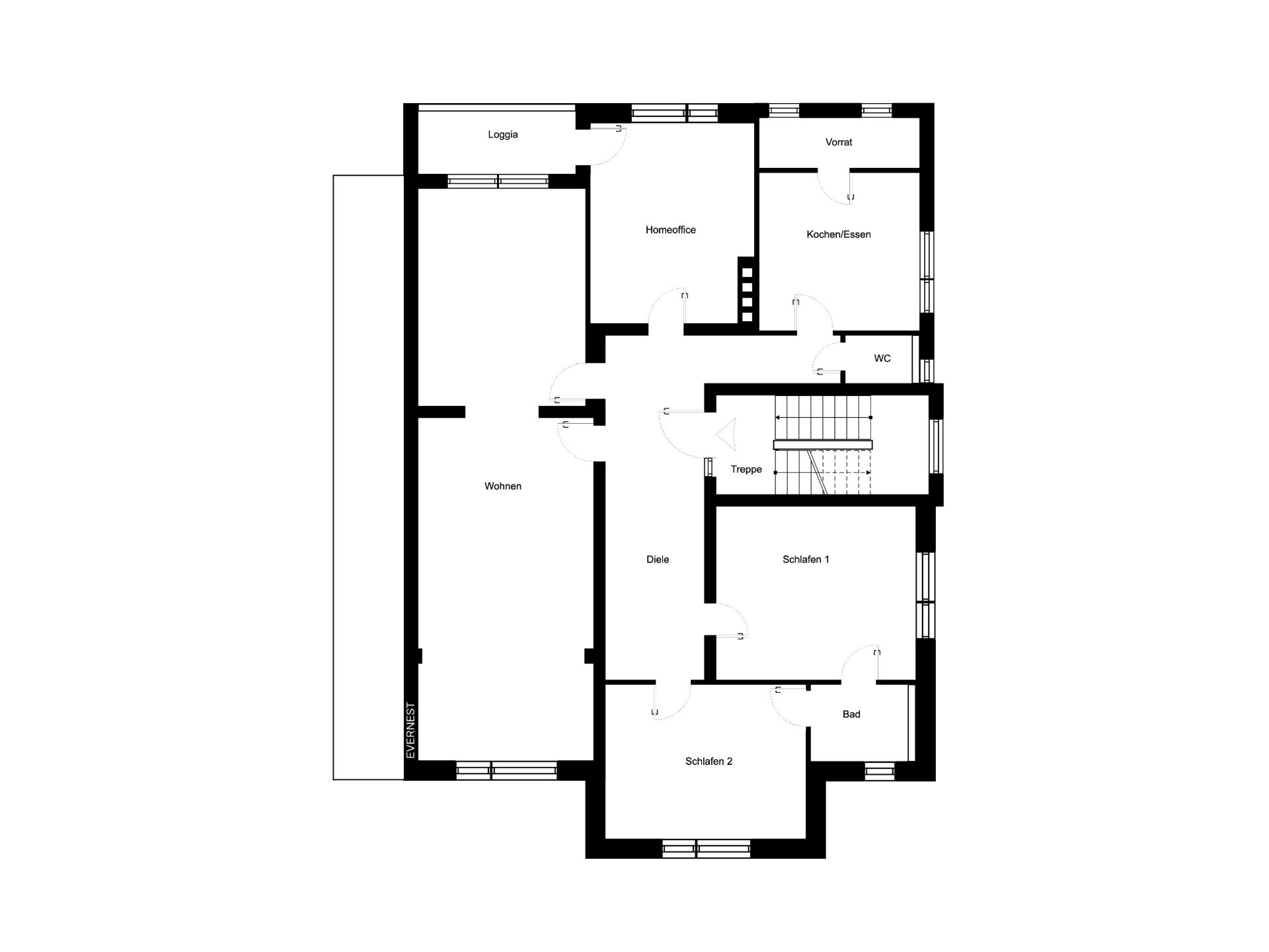 Grundriss einer Wohnung mit Wohnzimmer, Homeoffice, Küche, zwei Schlafzimmern, Bad und Loggia.