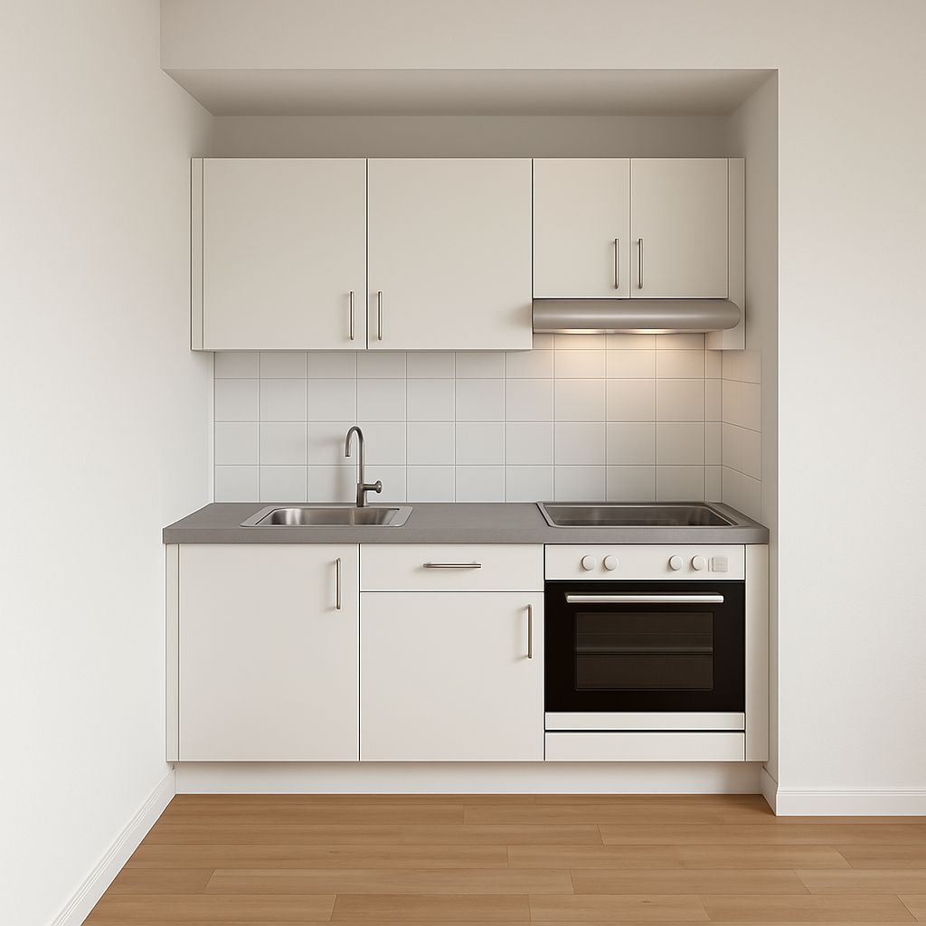Moderne Einbauküche mit weißen Schränken, Herd, Spüle und Holzfußboden.
