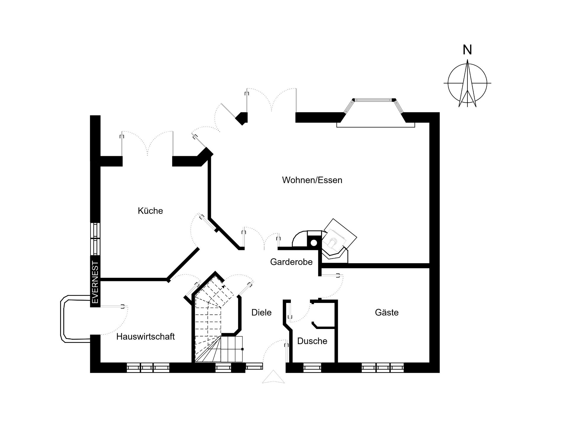 Grundriss eines Hauses mit Küche, Wohn-/Essbereich, Gästezimmer, Dusche, Garderobe und Hauswirtschaftsraum.