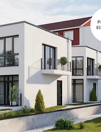 Modernes Wohngebäude mit großen Fenstern, Balkonen und gepflegtem Vorgarten.