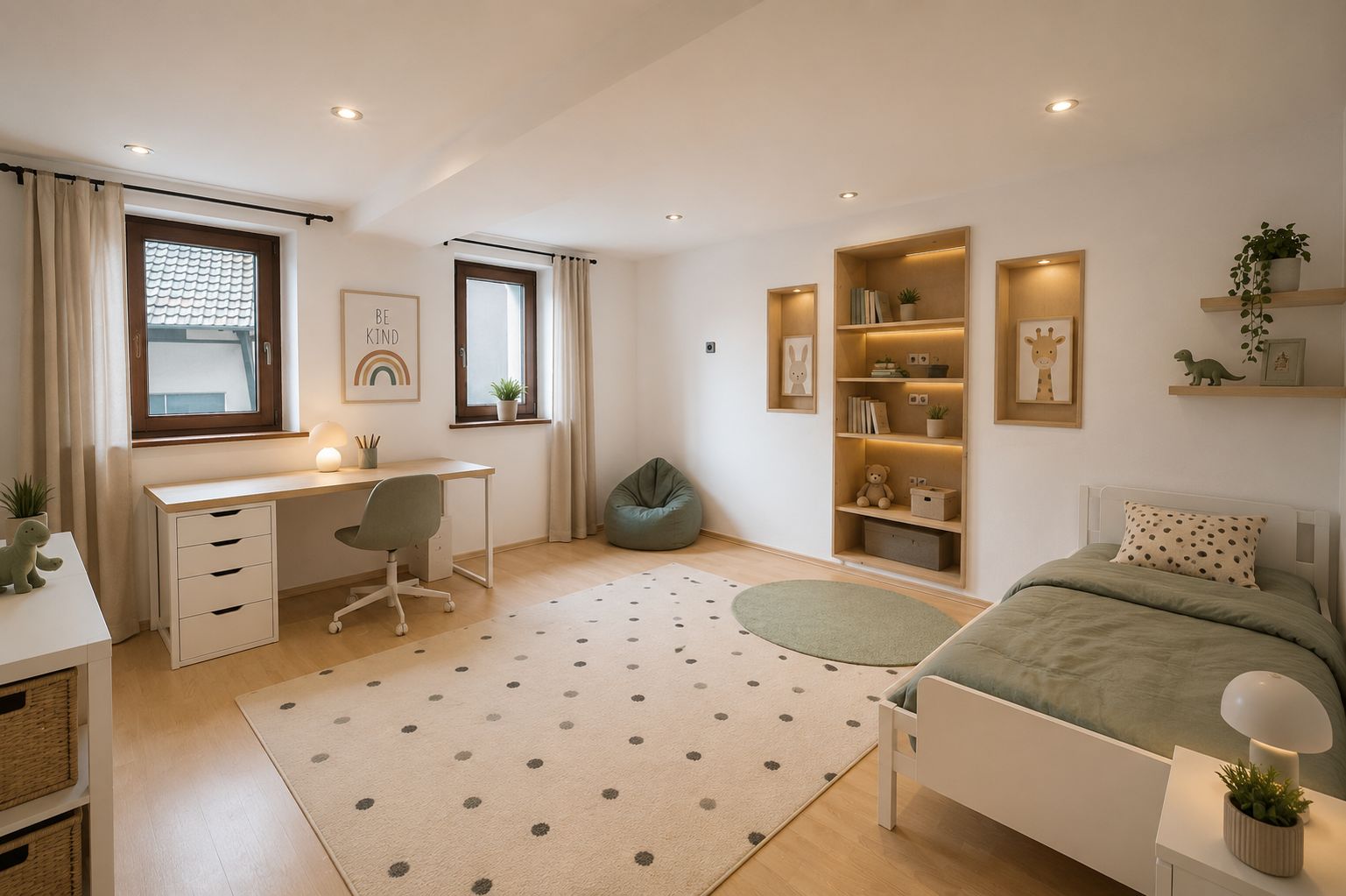 Helles Kinderzimmer mit Schreibtisch, Bett, Regal, Teppich und zwei Fenstern.