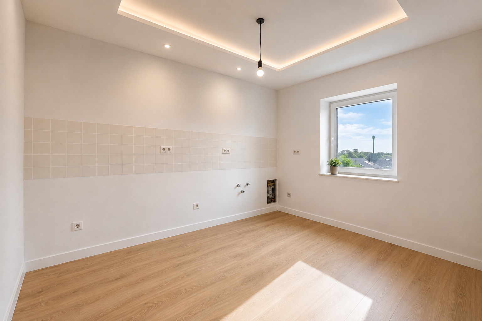Helles, leeres Zimmer mit Holzboden, weißen Wänden und einem Fenster mit Ausblick.