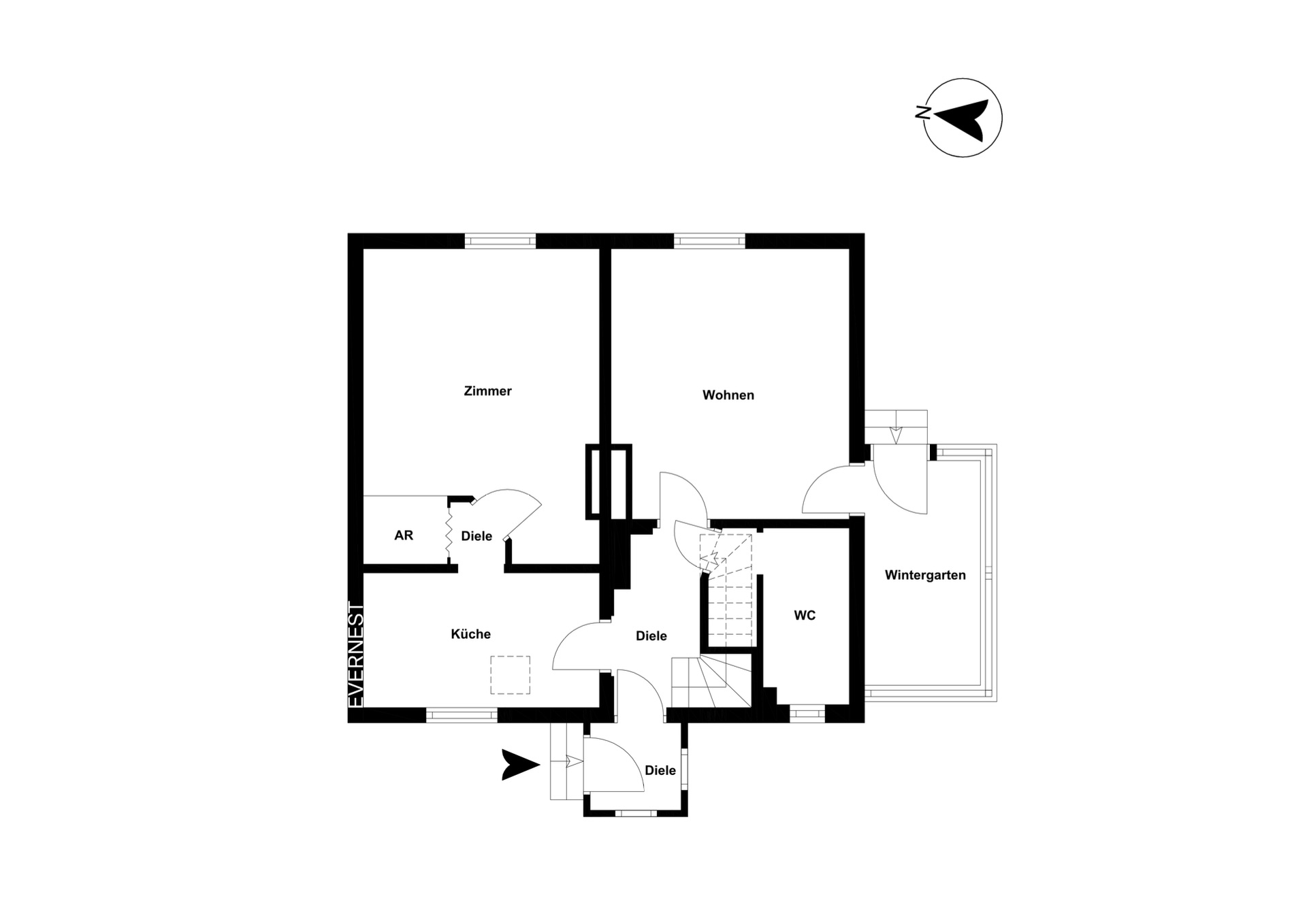 Grundriss einer Wohnung mit Zimmer, Wohnen, Küche, WC und Wintergarten.