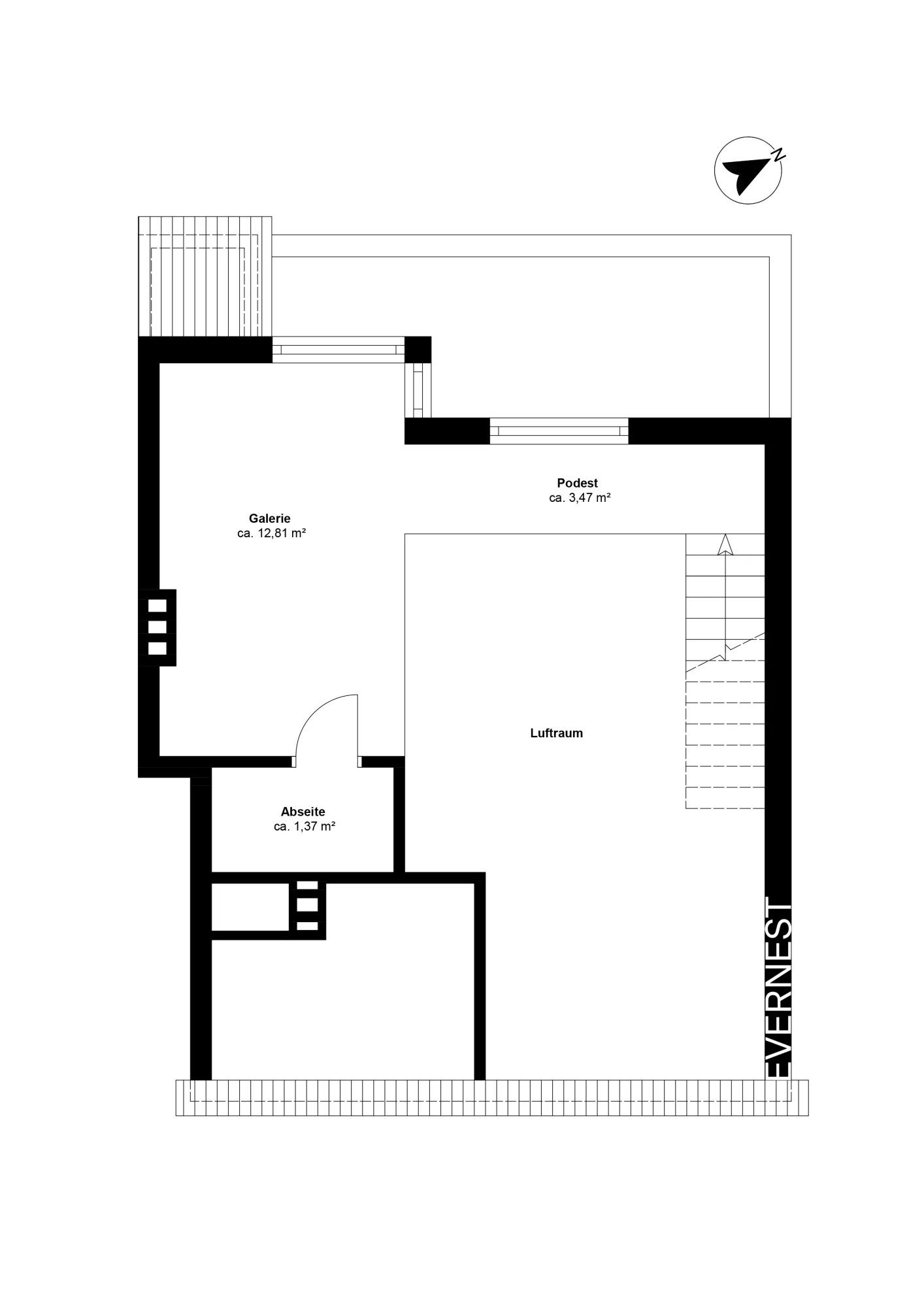Grundriss zeigt Galerie, Podest, Abseite und Luftraum mit Flächenangaben.