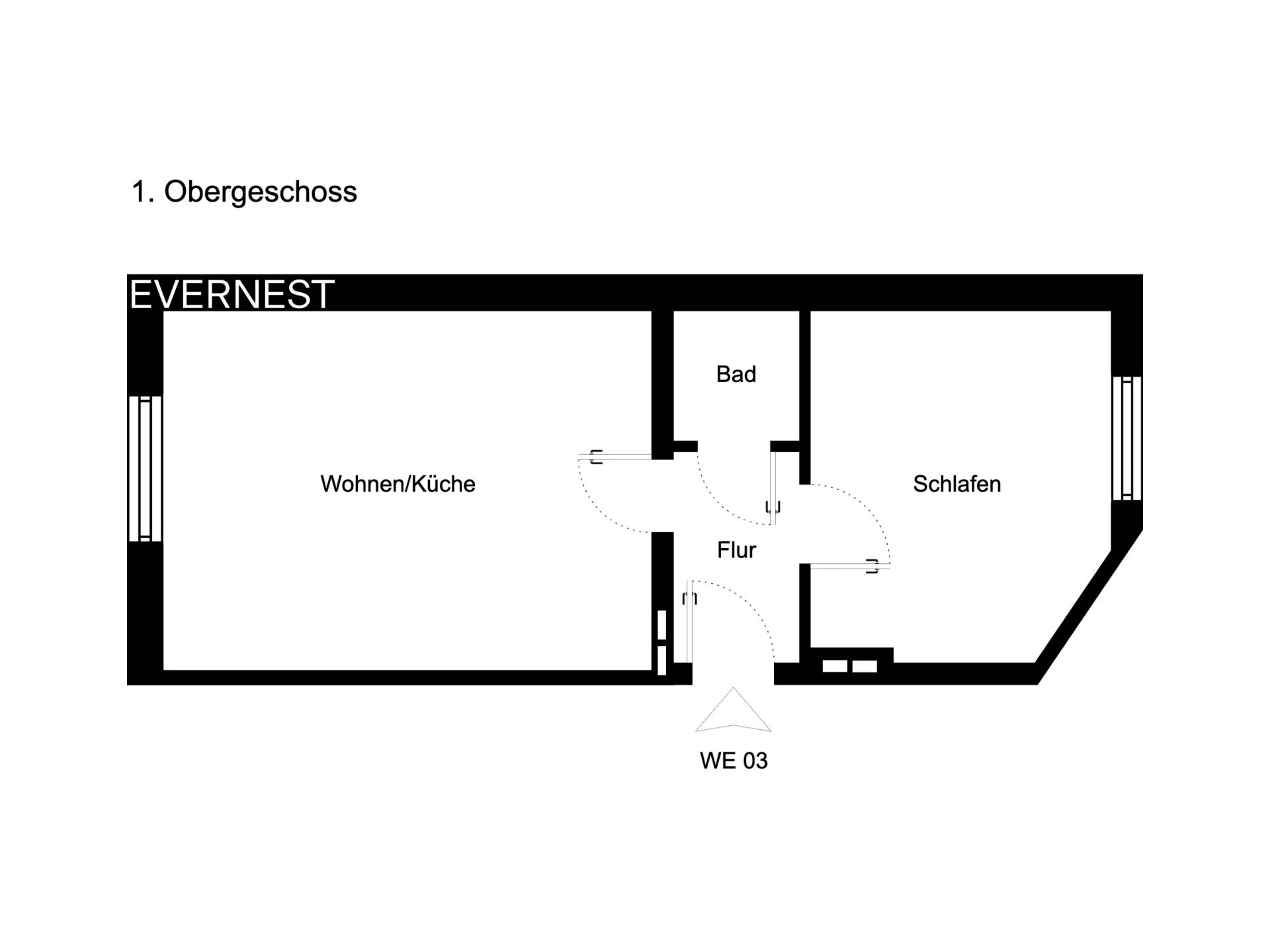 Grundriss einer Wohnung mit Wohnzimmer/Küche, Bad, Flur und Schlafzimmer.