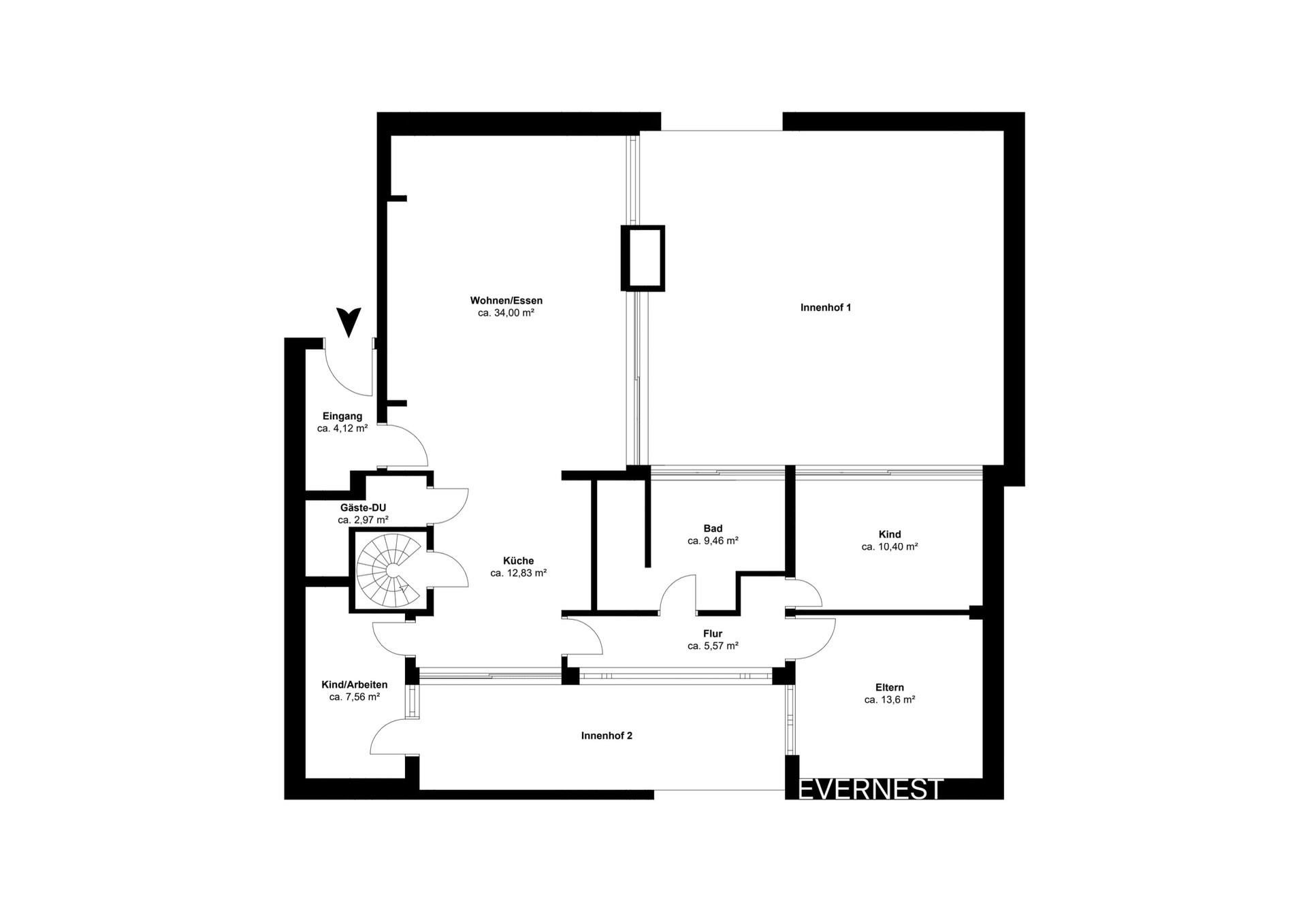Grundriss einer Wohnung mit Wohnzimmer, Küche, Bad, Flur, zwei Schlafzimmern und Arbeitszimmer.
