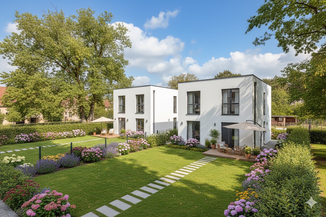 Zwei moderne weiße Häuser mit großen Gärten, Blumenbeeten und einer Terrasse mit Sonnenschirm.