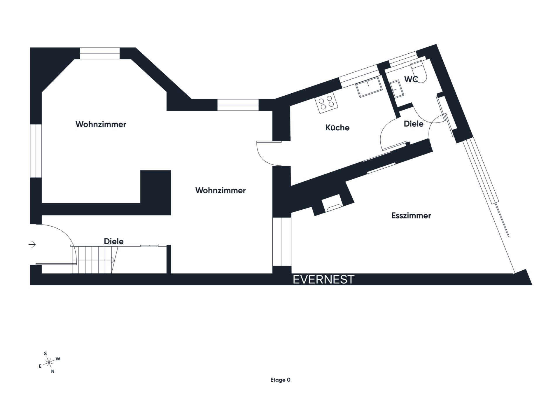 Grundriss mit Wohnzimmer, Küche, Esszimmer, Diele und WC.