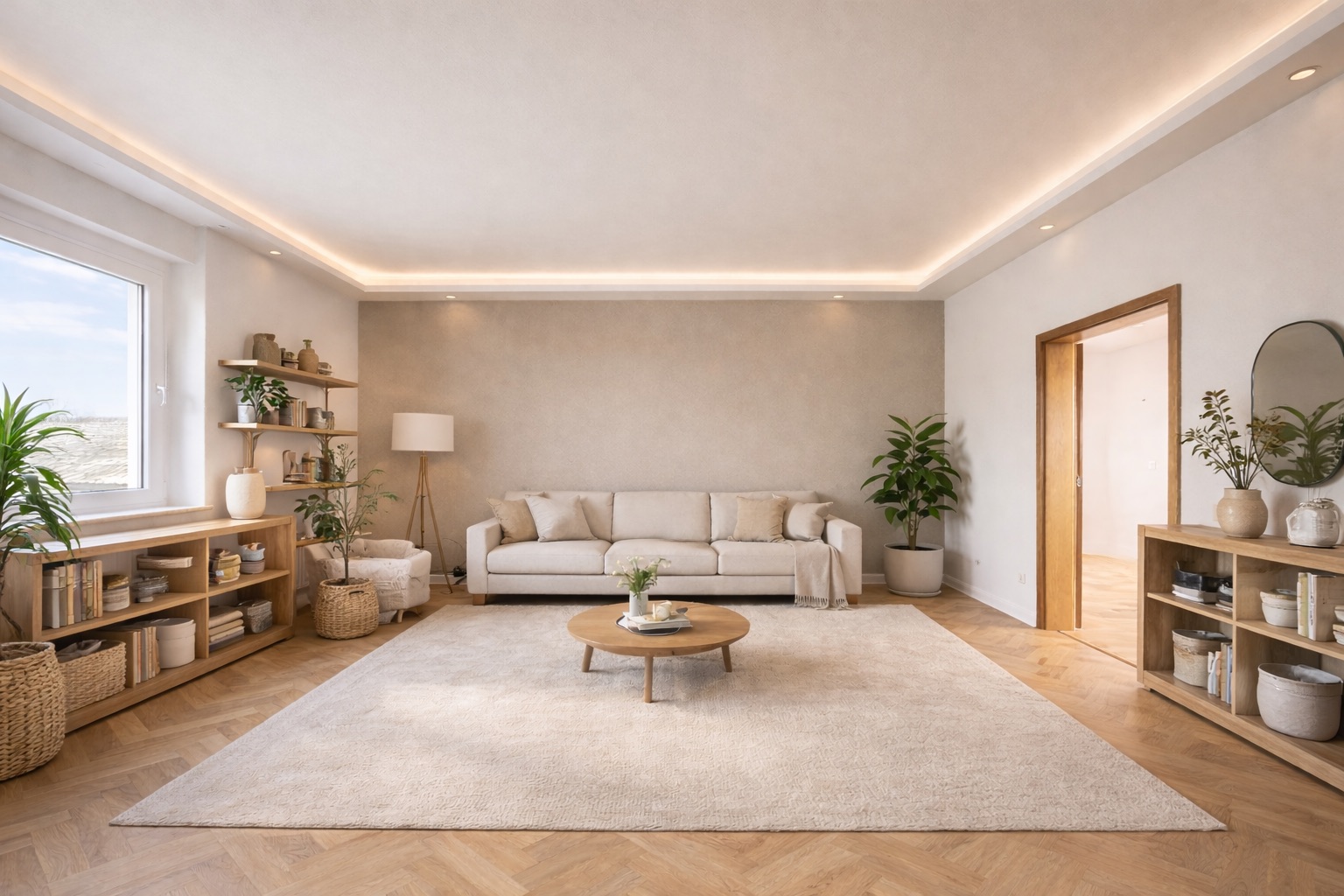 Helles Wohnzimmer mit Sofa, Couchtisch, Teppich, Pflanzen und Regalen vor großen Fenstern.