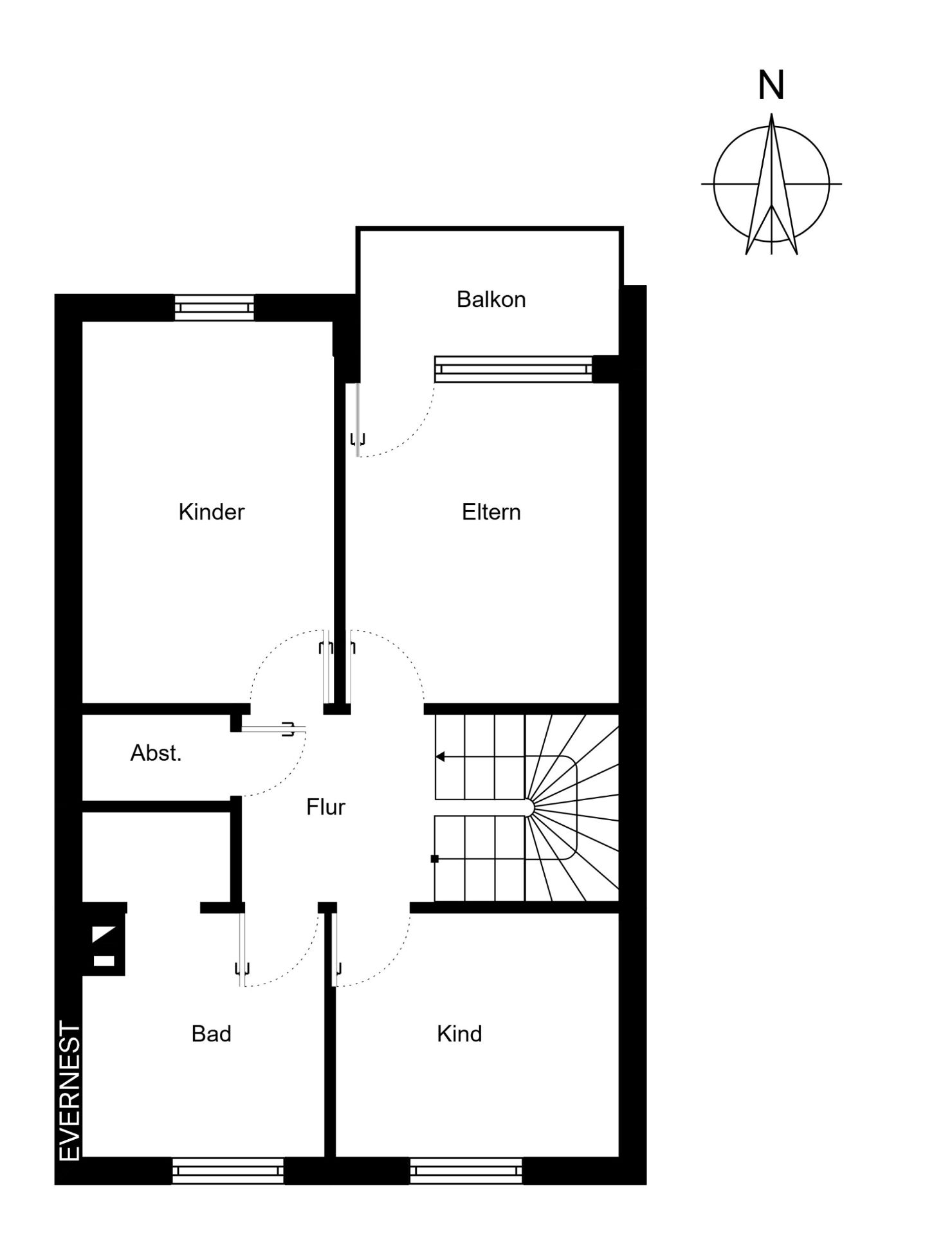 Grundriss mit drei Schlafzimmern, Bad, Abstellraum, Flur und Balkon.