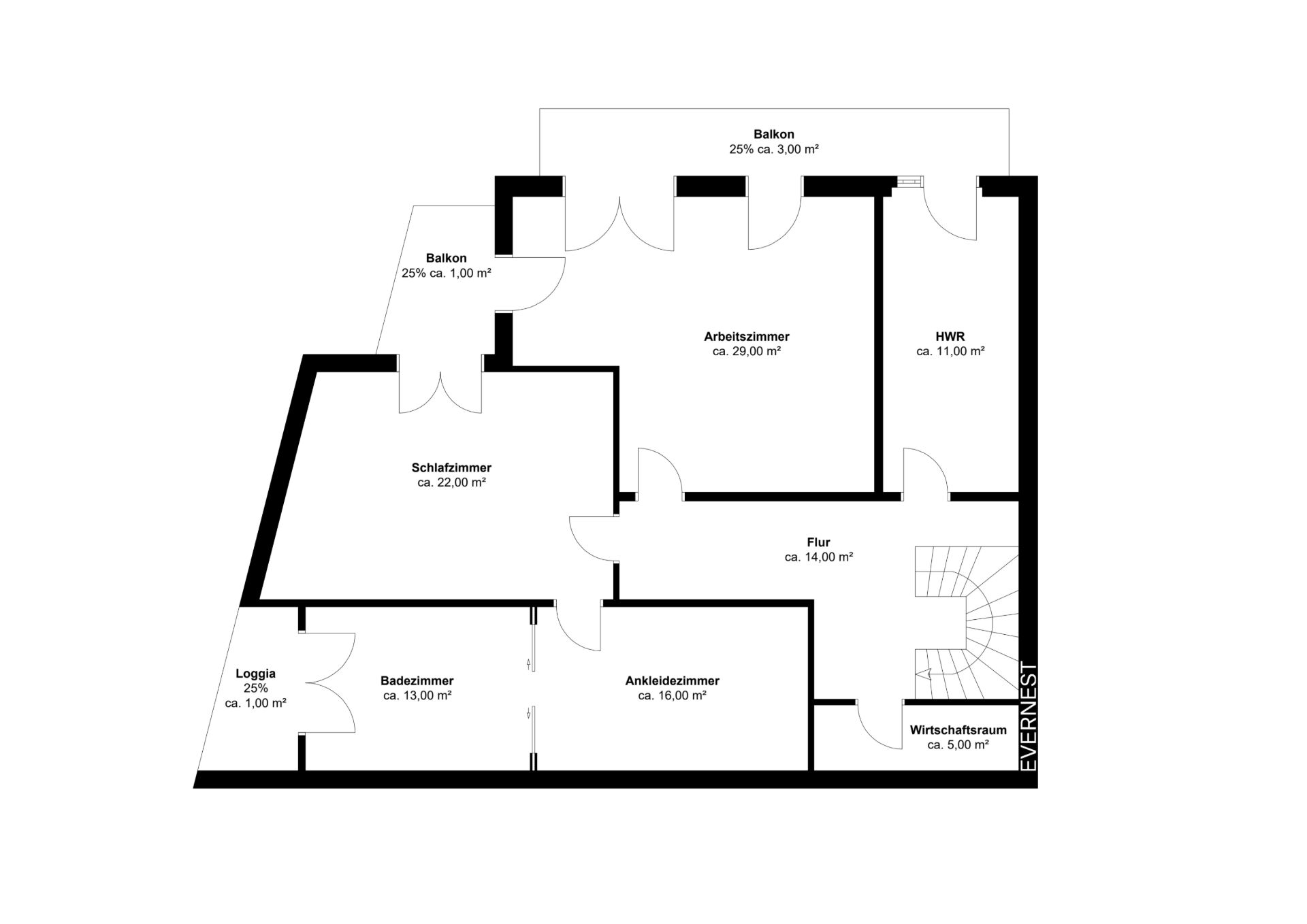 Grundriss einer Wohnung mit Schlafzimmer, Bad, Ankleidezimmer, Arbeitszimmer und zwei Balkonen.
