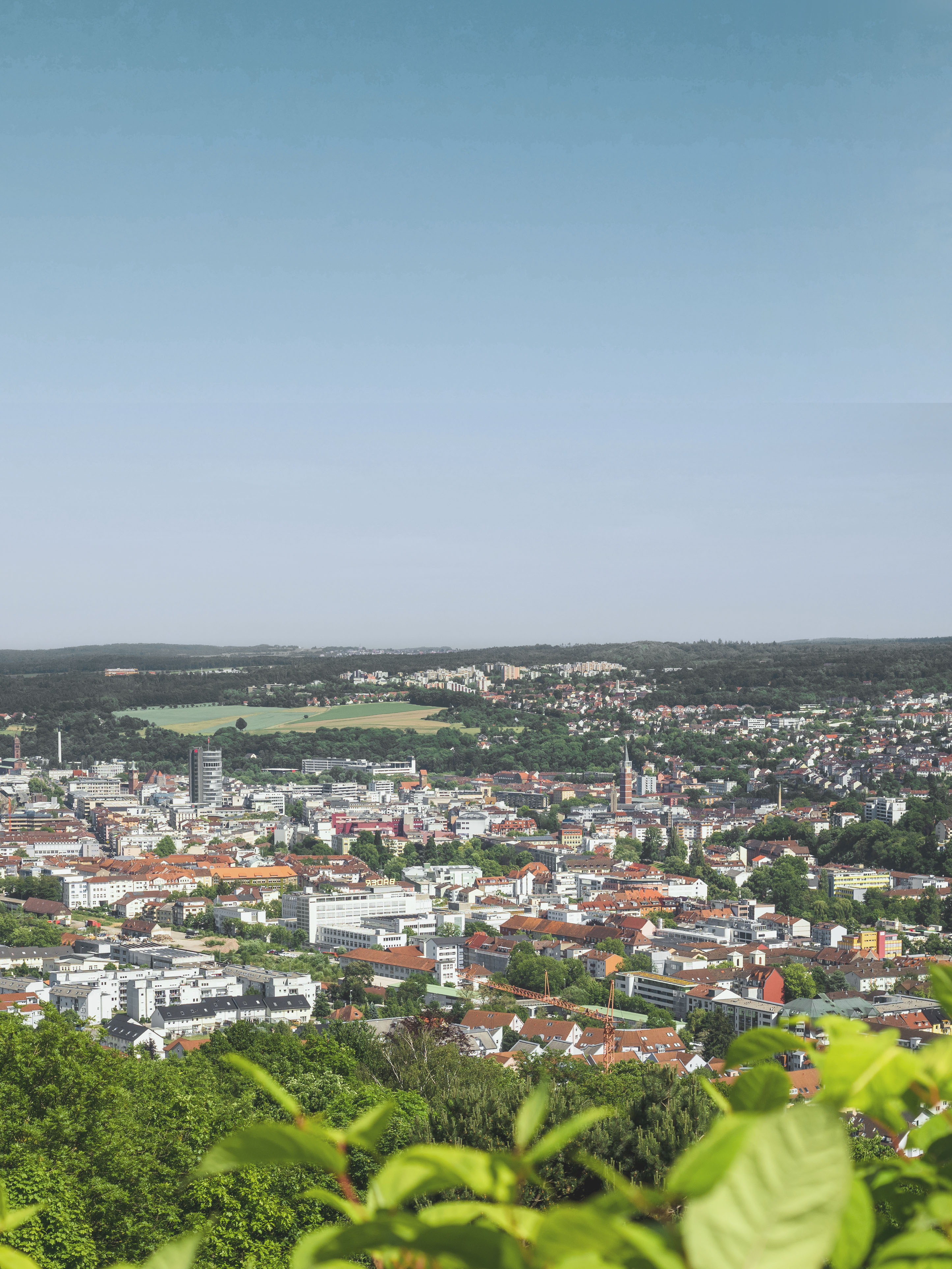 Stadtpanorama mit vielen Gebäuden, Bäumen und grünem Vordergrund bei klarem Himmel.