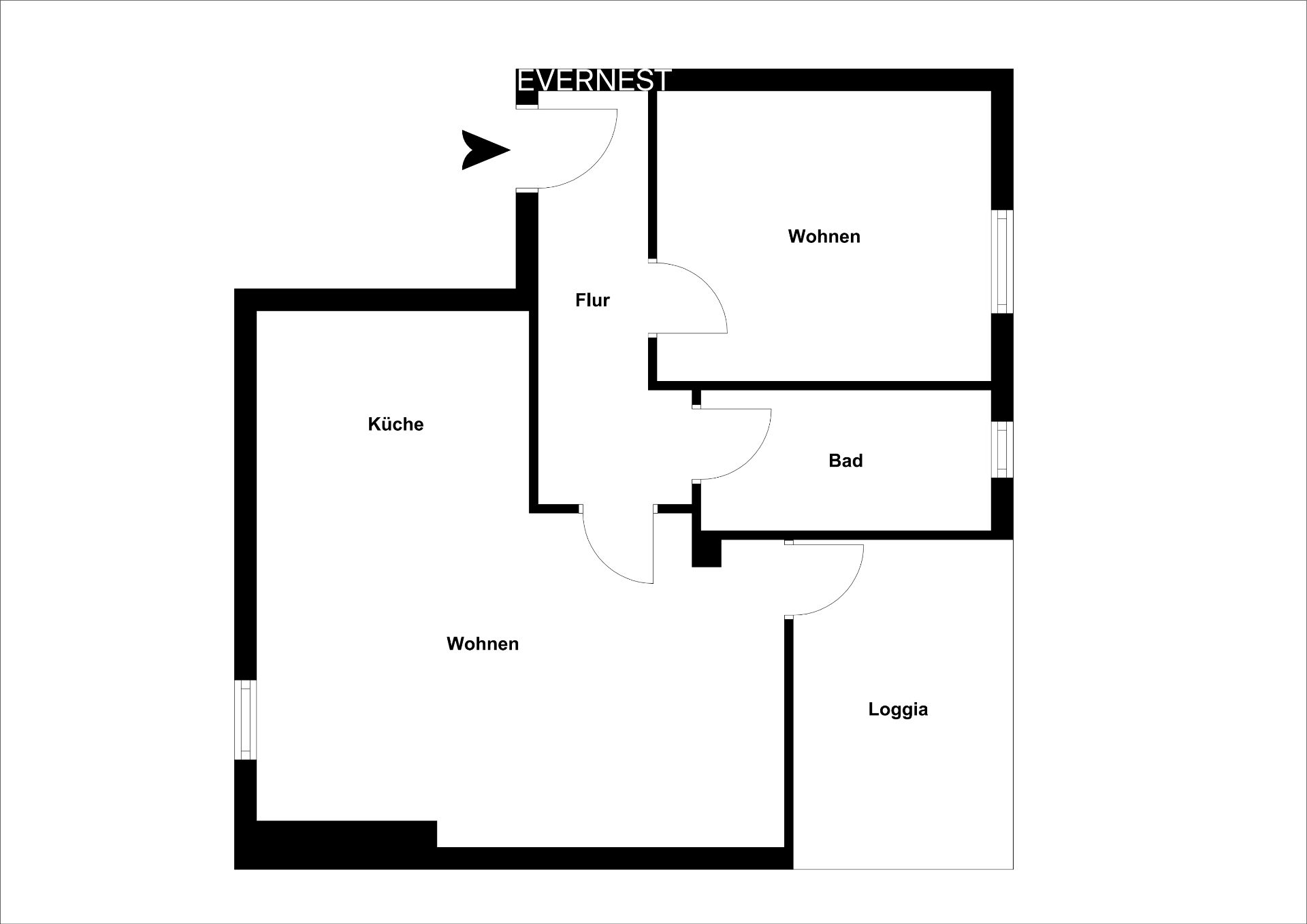 Grundriss einer Wohnung mit Küche, zwei Wohnräumen, Bad, Flur und Loggia.