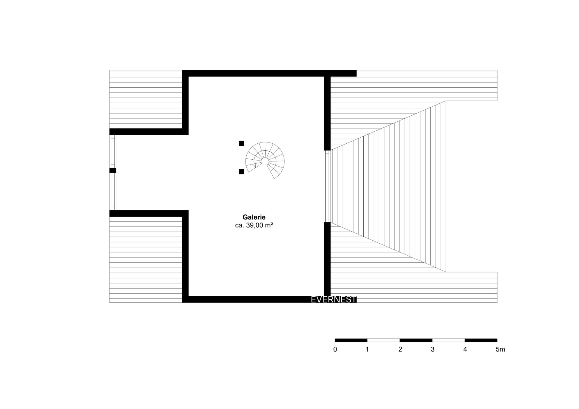 Grundriss einer Galerie mit Wendeltreppe und Terrasse, Fläche ca. 39 m².