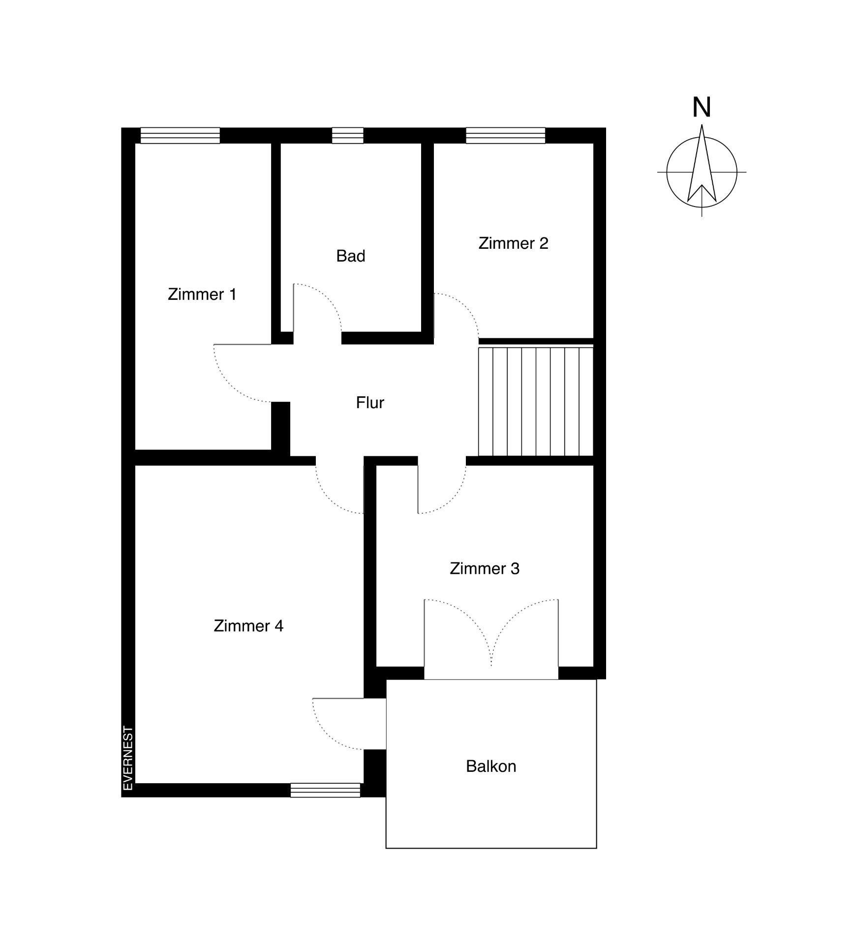 Grundriss mit vier Zimmern, Bad, Flur und Balkon.