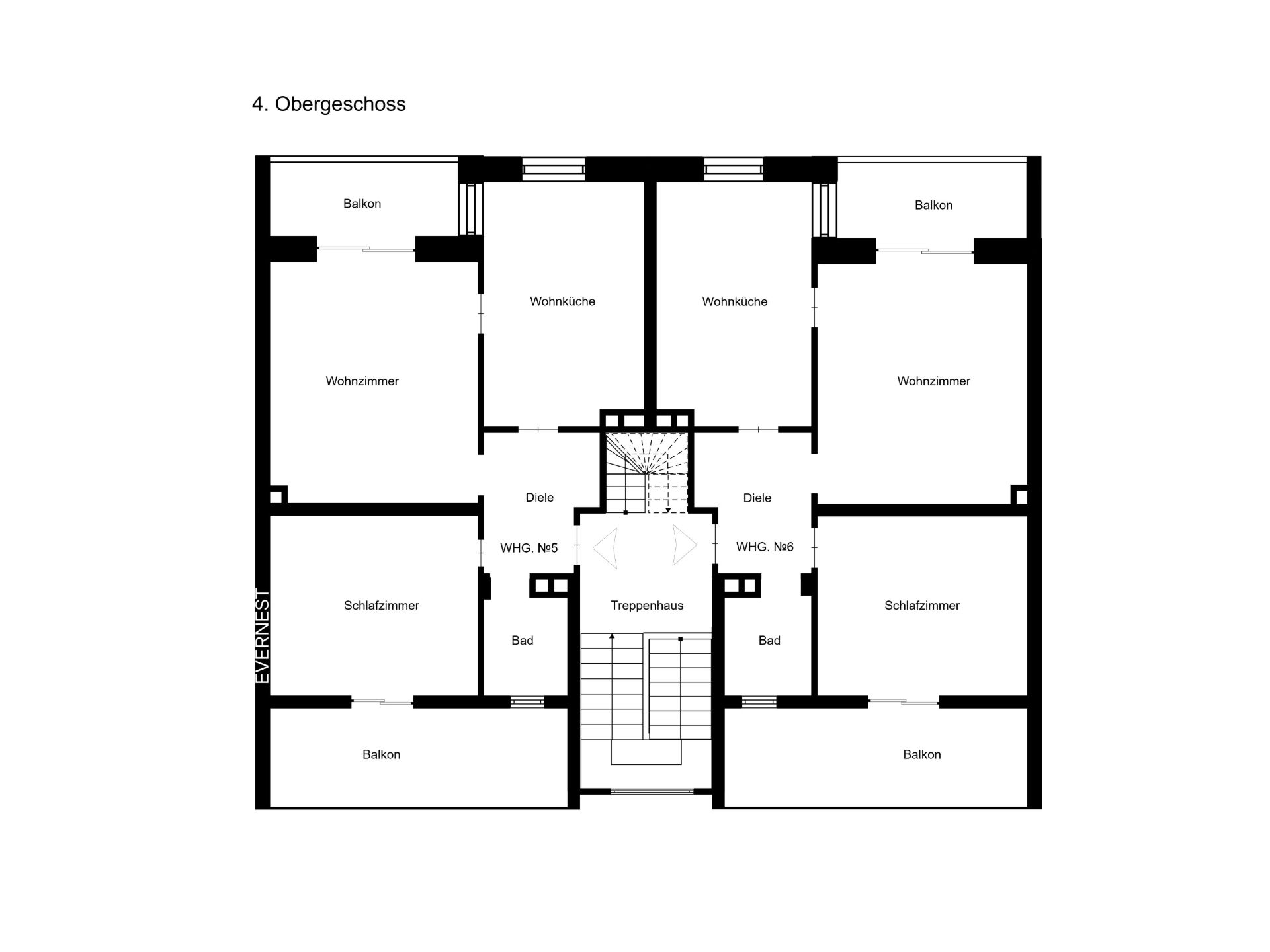 Grundriss des 4. Obergeschosses mit zwei Wohnungen und Balkonen.