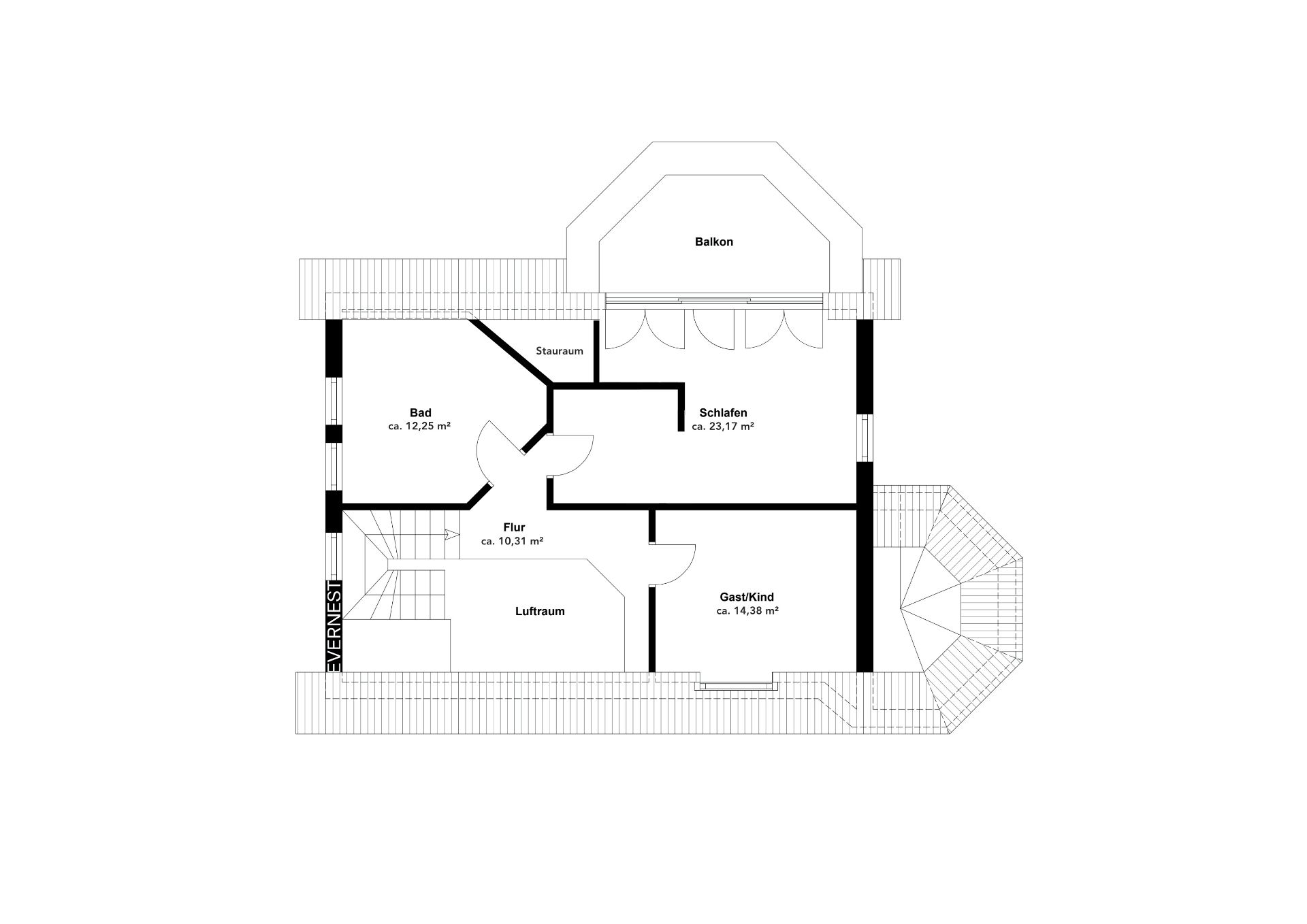 Grundriss mit Schlafzimmer, Bad, Gästezimmer, Flur, Stauraum, Luftraum und Balkon.