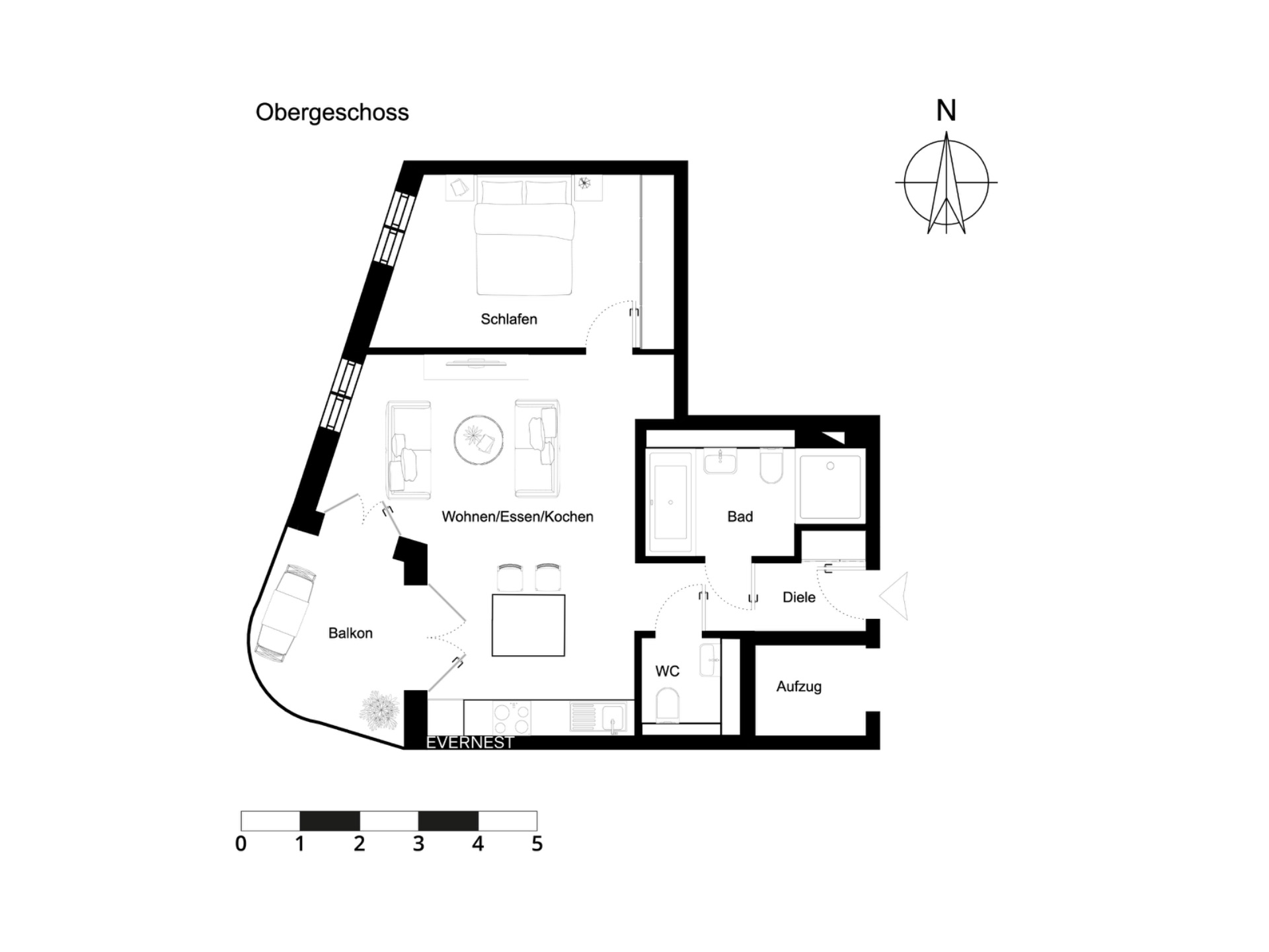 Grundriss einer Wohnung mit Schlafzimmer, Bad, Wohnbereich, WC, Diele, Balkon und Aufzug.