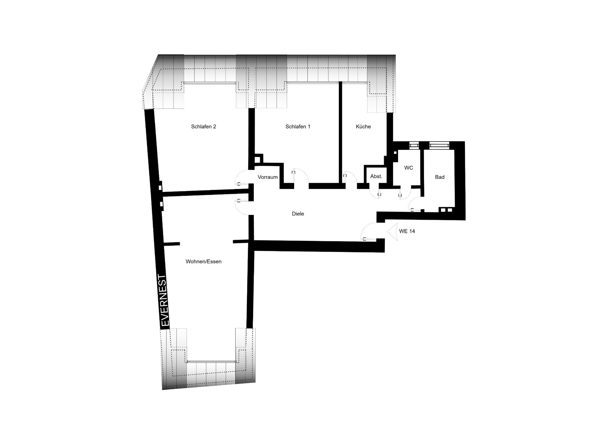 Grundriss einer Wohnung mit zwei Schlafzimmern, Küche, Bad, WC und Wohn-Essbereich.