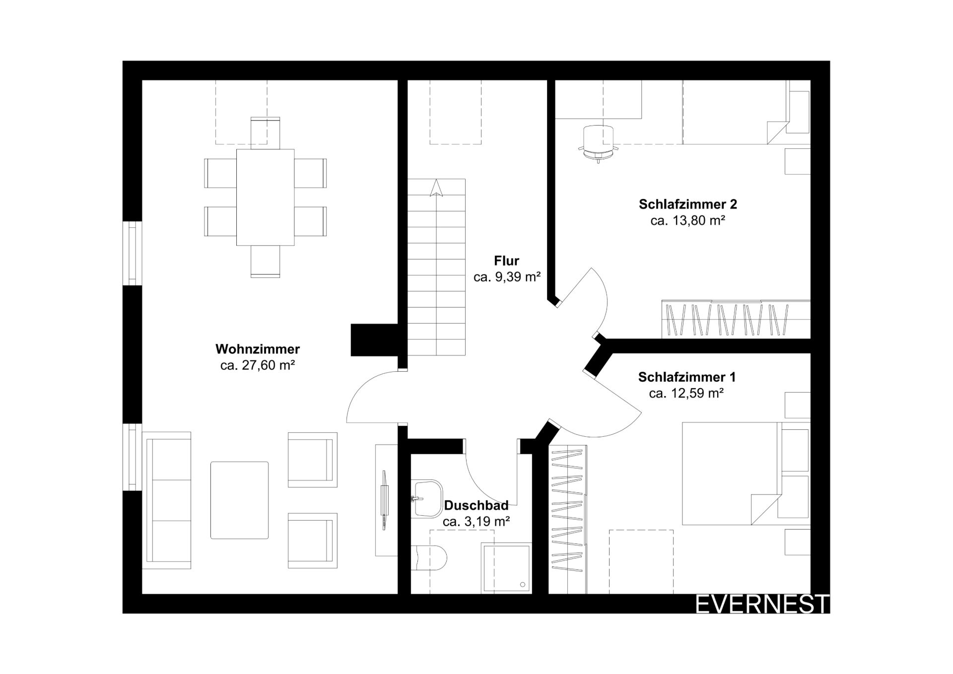 Grundriss mit Wohnzimmer, Flur, Duschbad und zwei Schlafzimmern, jeweils mit Möbeln eingezeichnet.