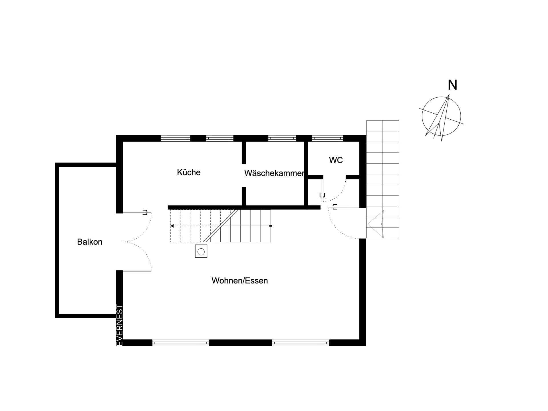 Grundriss mit Wohn-/Essbereich, Küche, WC, Waschküche und Balkon.