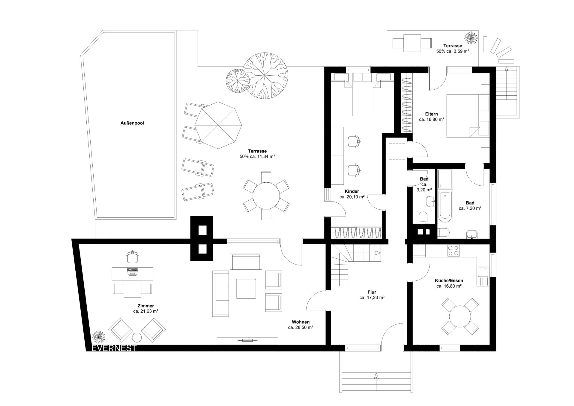 Grundriss eines Wohnhauses mit Wohnzimmer, Küche, Schlafzimmern, Bädern und Terrasse mit Außenpool.