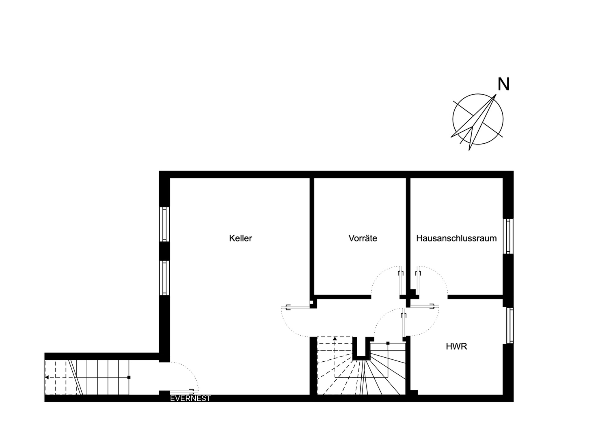 Grundriss eines Kellers mit Räumen: Keller, Vorräte, Hausanschlussraum und HWR.