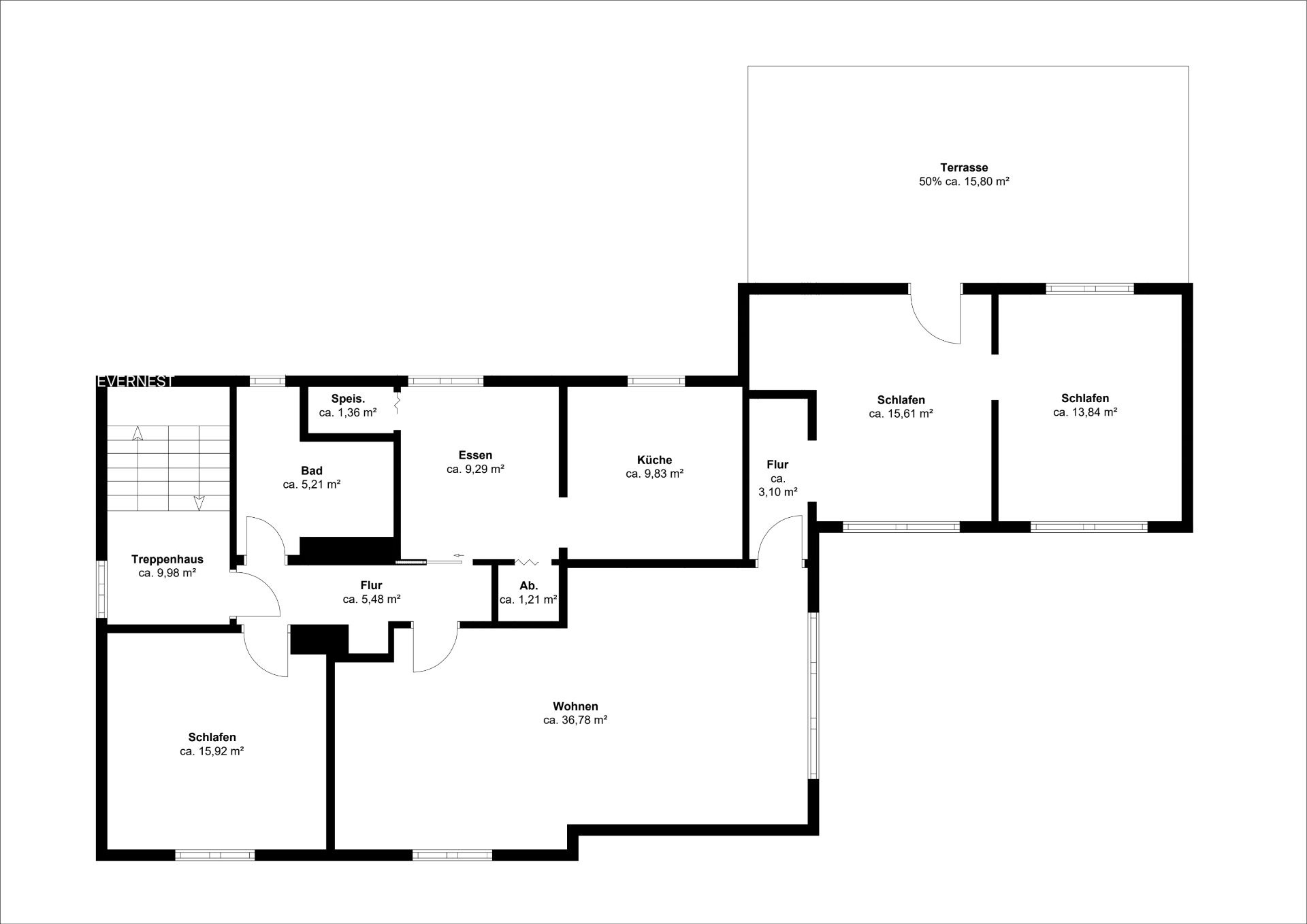 Grundriss einer Wohnung mit mehreren Zimmern, Küche, Bad, Flur und Terrasse.