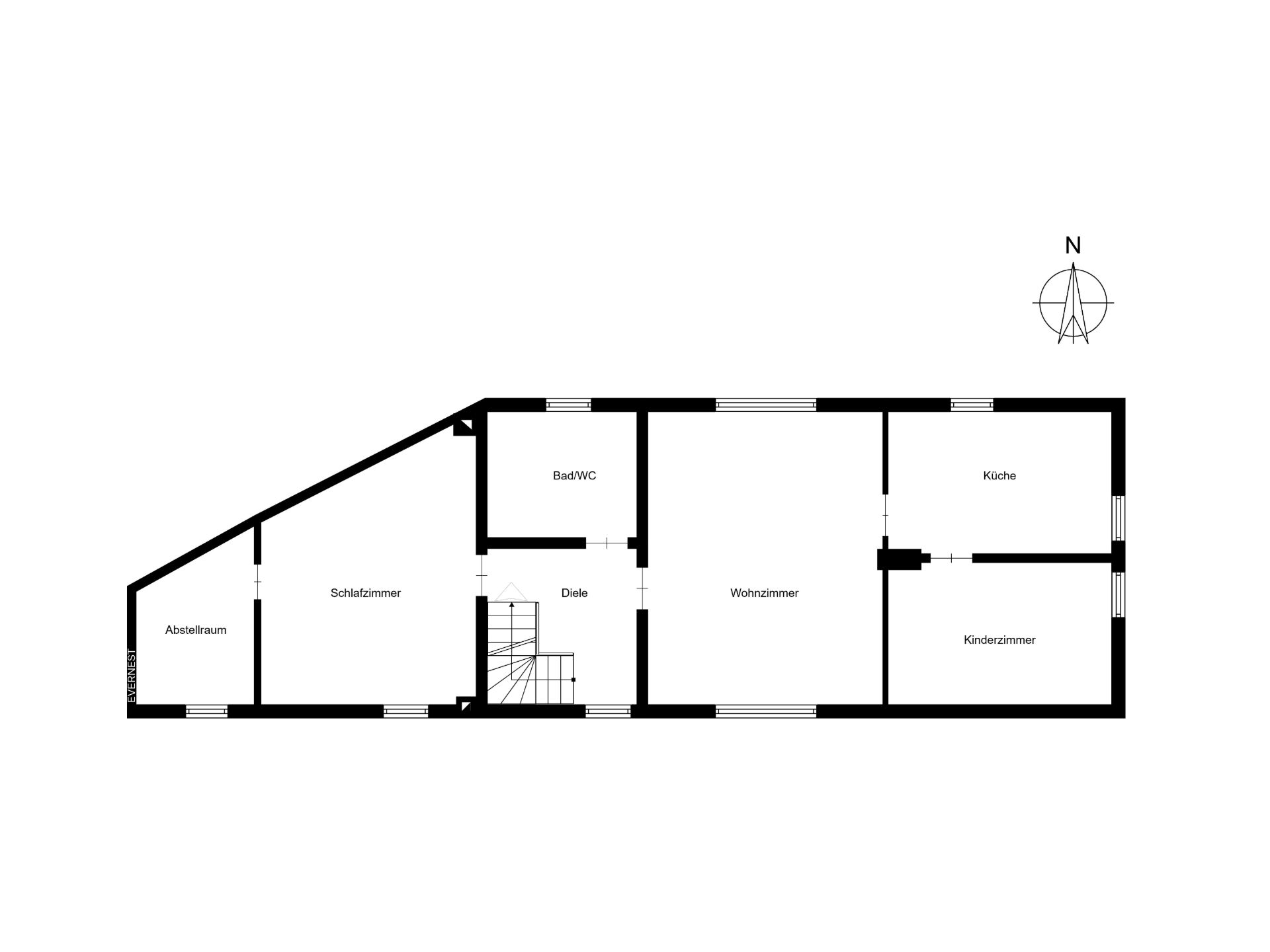 Grundriss einer Wohnung mit Schlafzimmer, Wohnzimmer, Kinderzimmer, Küche, Bad und Abstellraum.