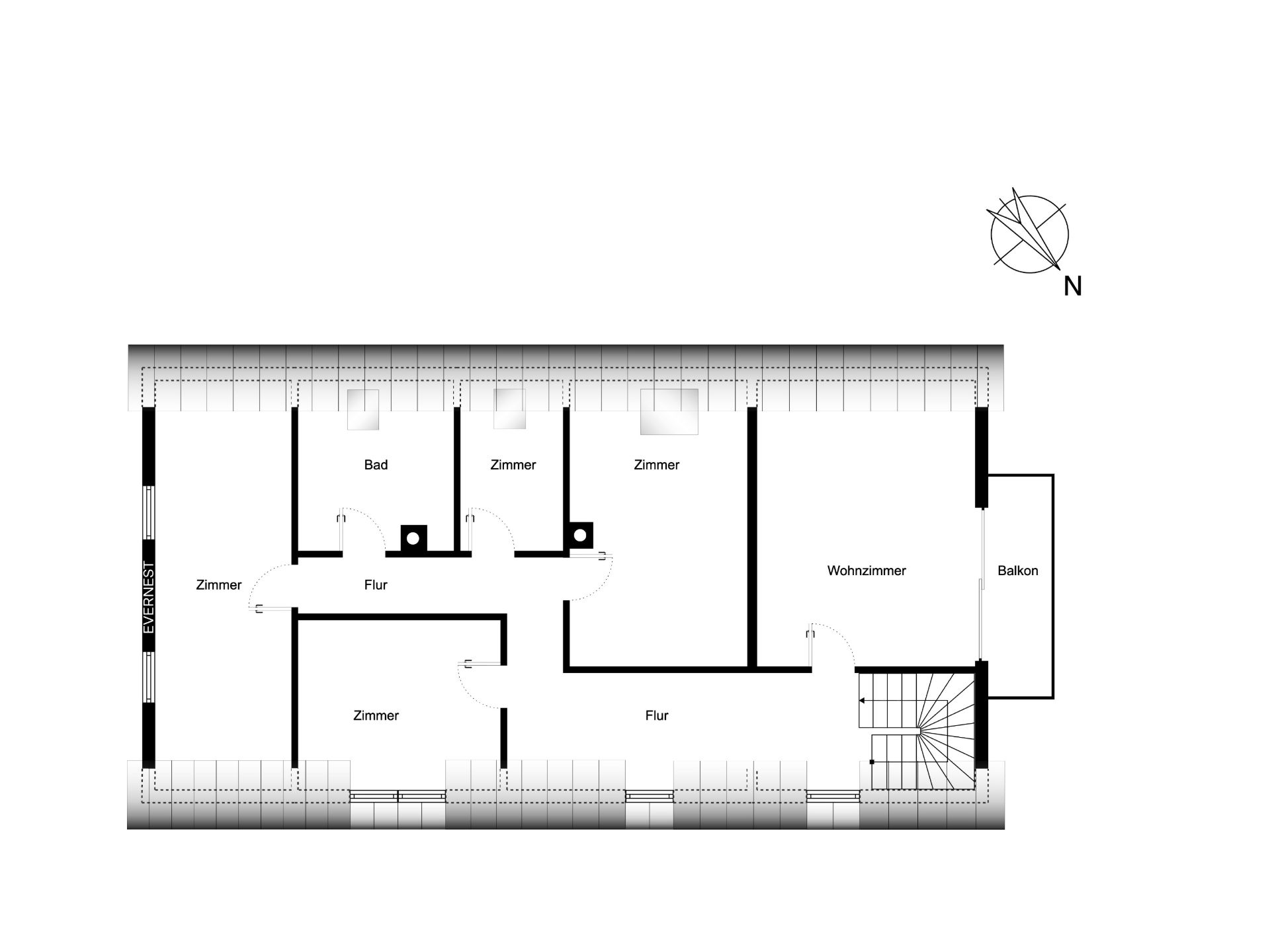 Grundriss mit Wohnzimmer, Bad, mehreren Zimmern, Flur, Balkon und Treppe.