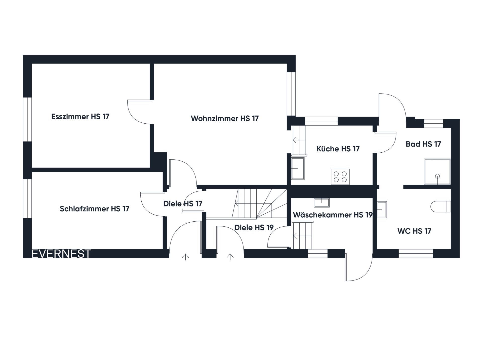 Grundriss einer Wohnung mit Esszimmer, Wohnzimmer, Schlafzimmer, Küche, Bad und WC.