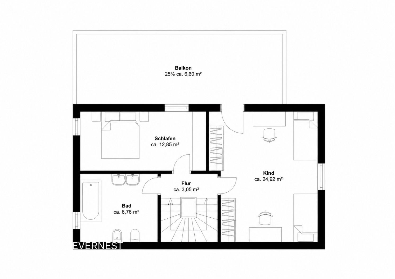 Grundriss mit Schlafzimmer, Kinderzimmer, Bad, Flur und Balkon.
