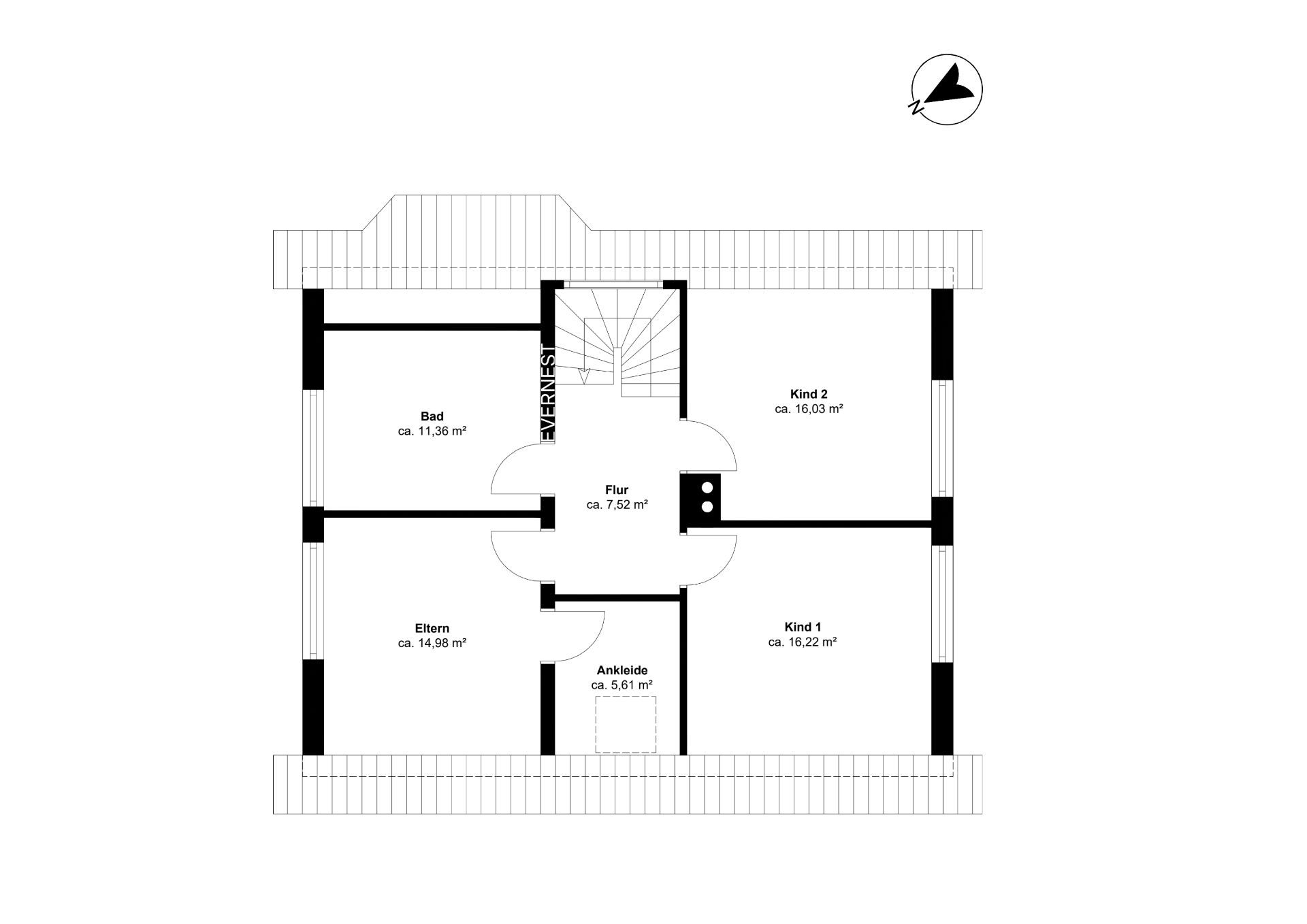 Grundriss eines Wohnhauses mit Bad, Elternzimmer, zwei Kinderzimmern, Ankleide und Flur.