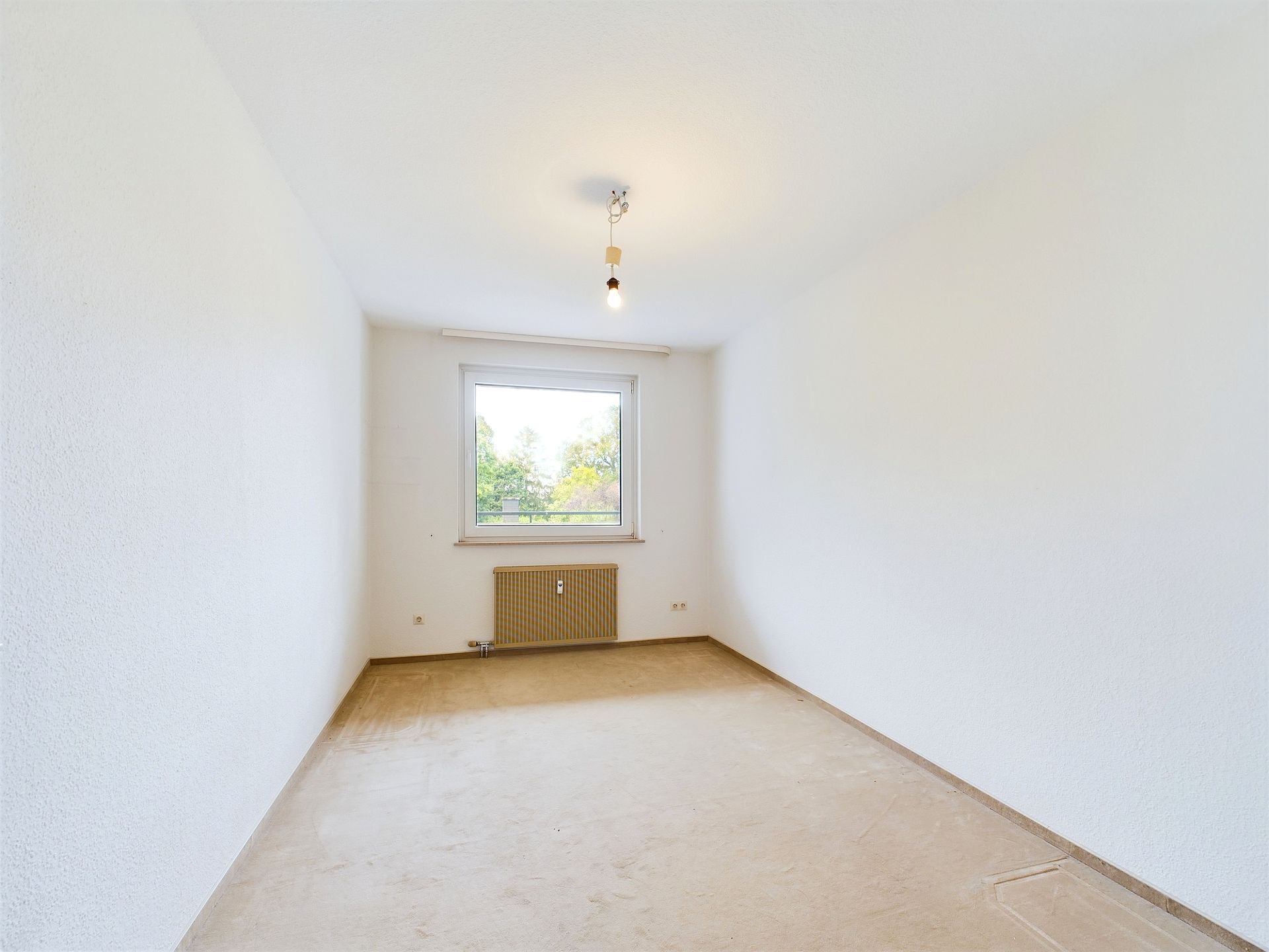 Leerer, heller Raum mit Teppichboden, Fenster und Heizkörper an der Stirnwand.