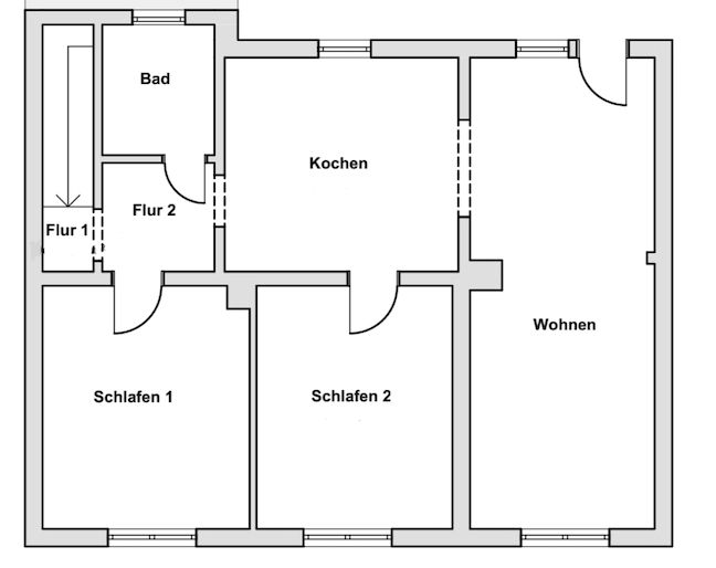 Grundriss einer Wohnung mit Bad, Küche, Wohnzimmer und zwei Schlafzimmern.
