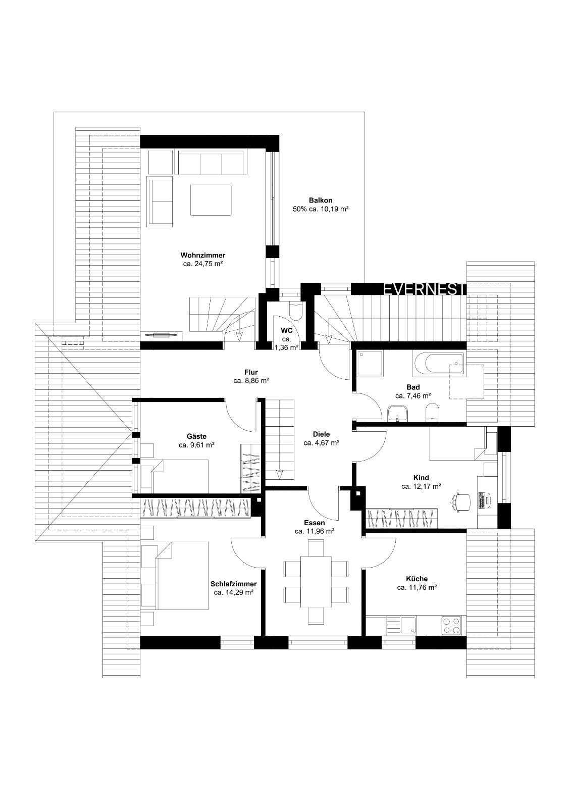 Grundriss einer Wohnung mit Wohnzimmer, Schlafzimmer, Küche, Bad, Gästezimmer und Balkon.