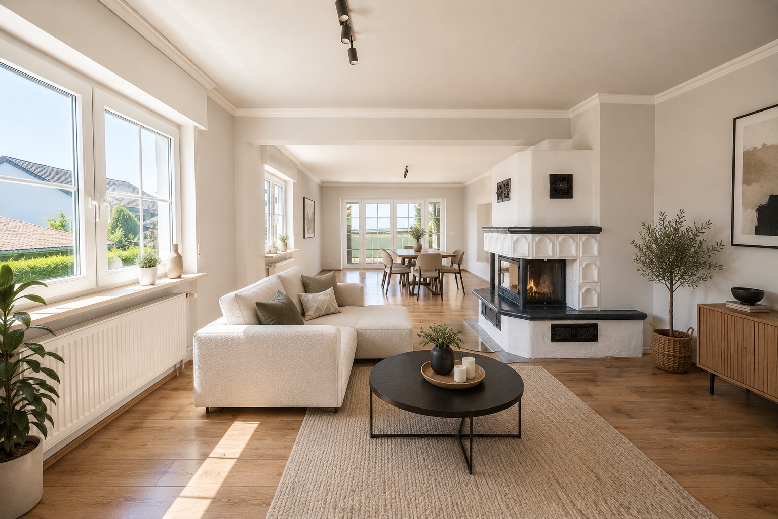 Helles Wohnzimmer mit Ecksofa, Kamin, Couchtisch und großen Fenstern, Essbereich im Hintergrund.