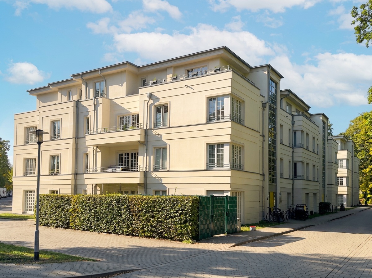 Modernes, helles Mehrfamilienhaus mit Balkonen und mehreren Stockwerken.